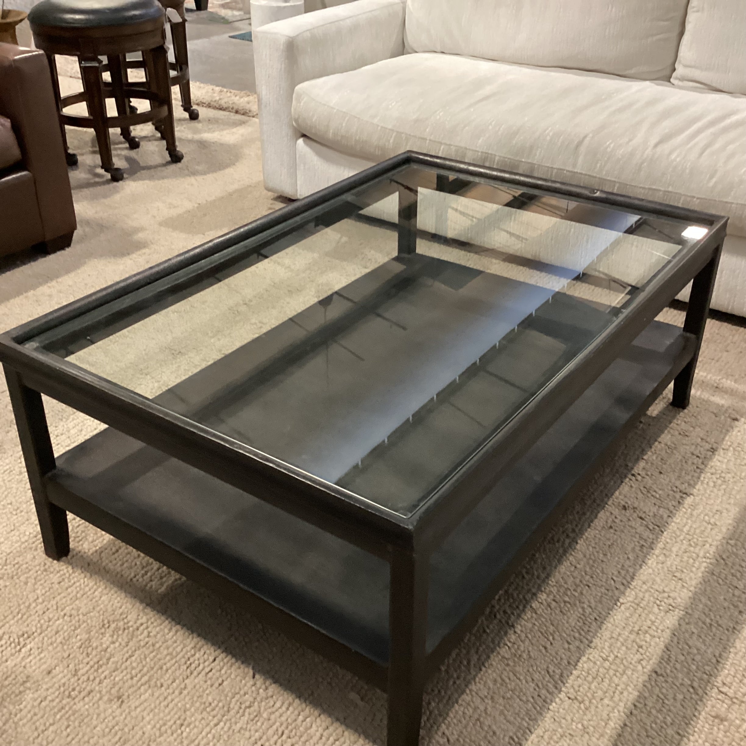 Industrial Modern Black Textured Iron & Glass 2 Tiered Coffee Table 48"x 32"x 18.5"