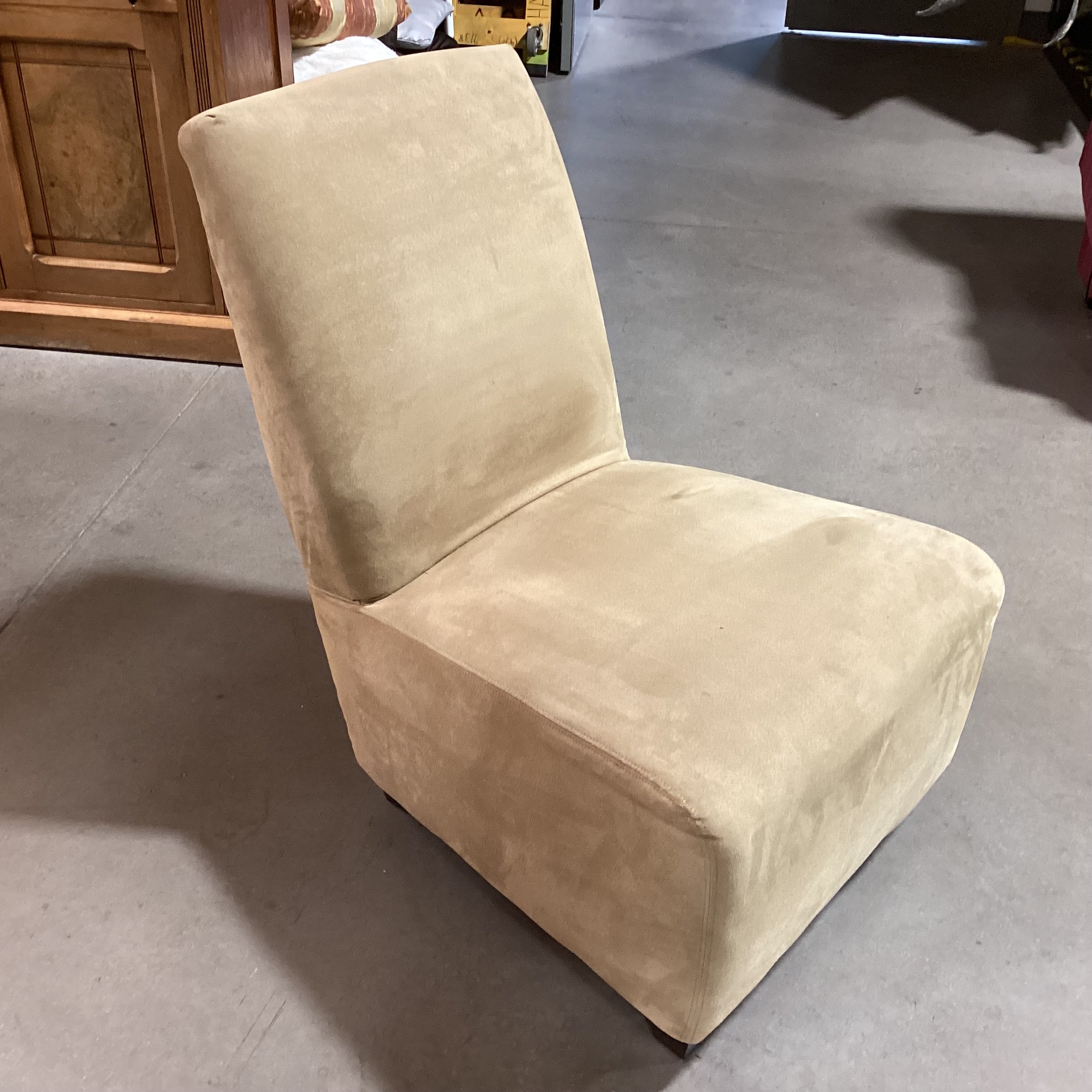 Golden Tan Suede Slipper Style Chair 26"x 32"x 36"