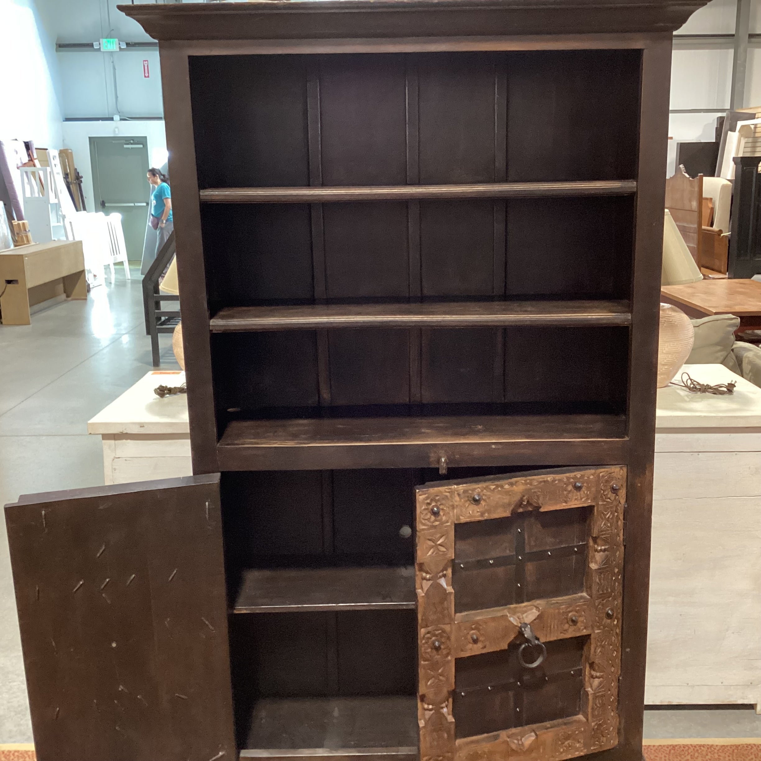 Solid Rustic 2 Tone Carved Wood with Iron Accent & Shelves Hutch 49"x 18"x 78.5"