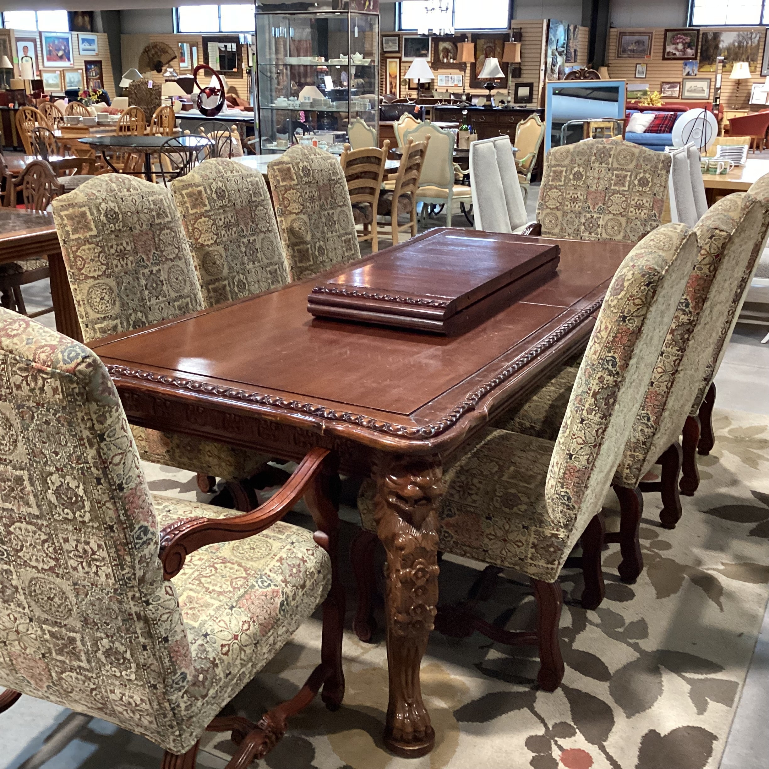 White Rose Ornate Carved Lionshead 2 Leaves Table with 8 Chairs Dining Set 102" to 138"x 48"x 31.5"