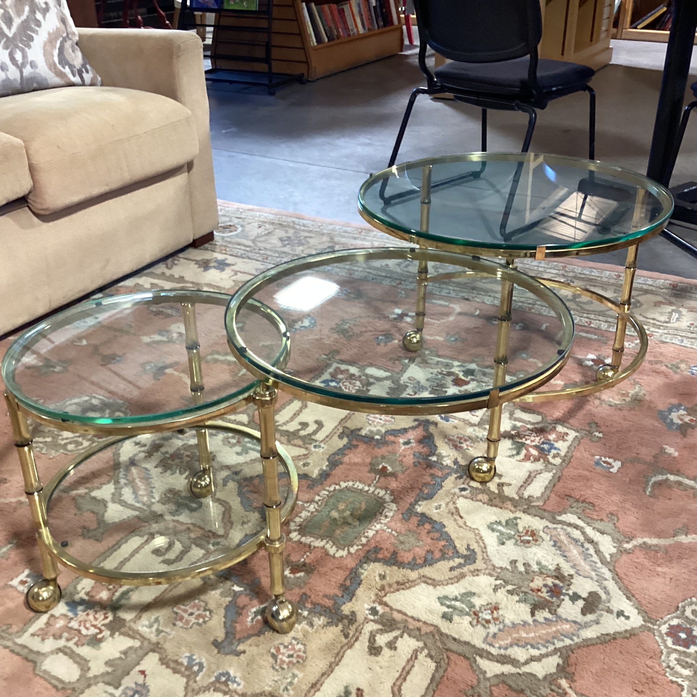 Vintage Mid Century Brass Bamboo Style & Glass Rounds on Casters Fold in Expandable Coffee Table 25" to 56"x 22"x 18"