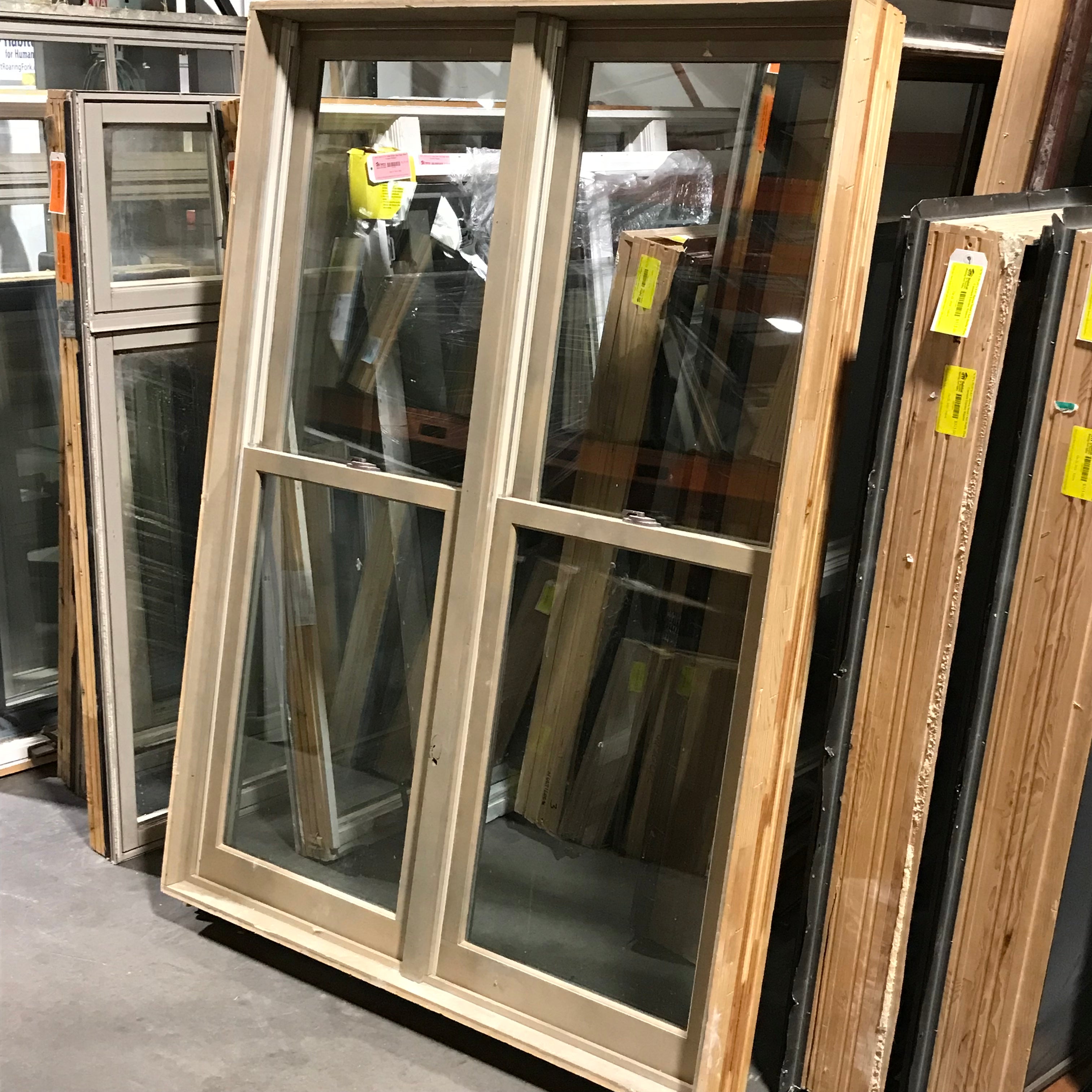 51"x 73.5"x 6.5" Tan Wood Clad Double Hung Sash Exterior Window