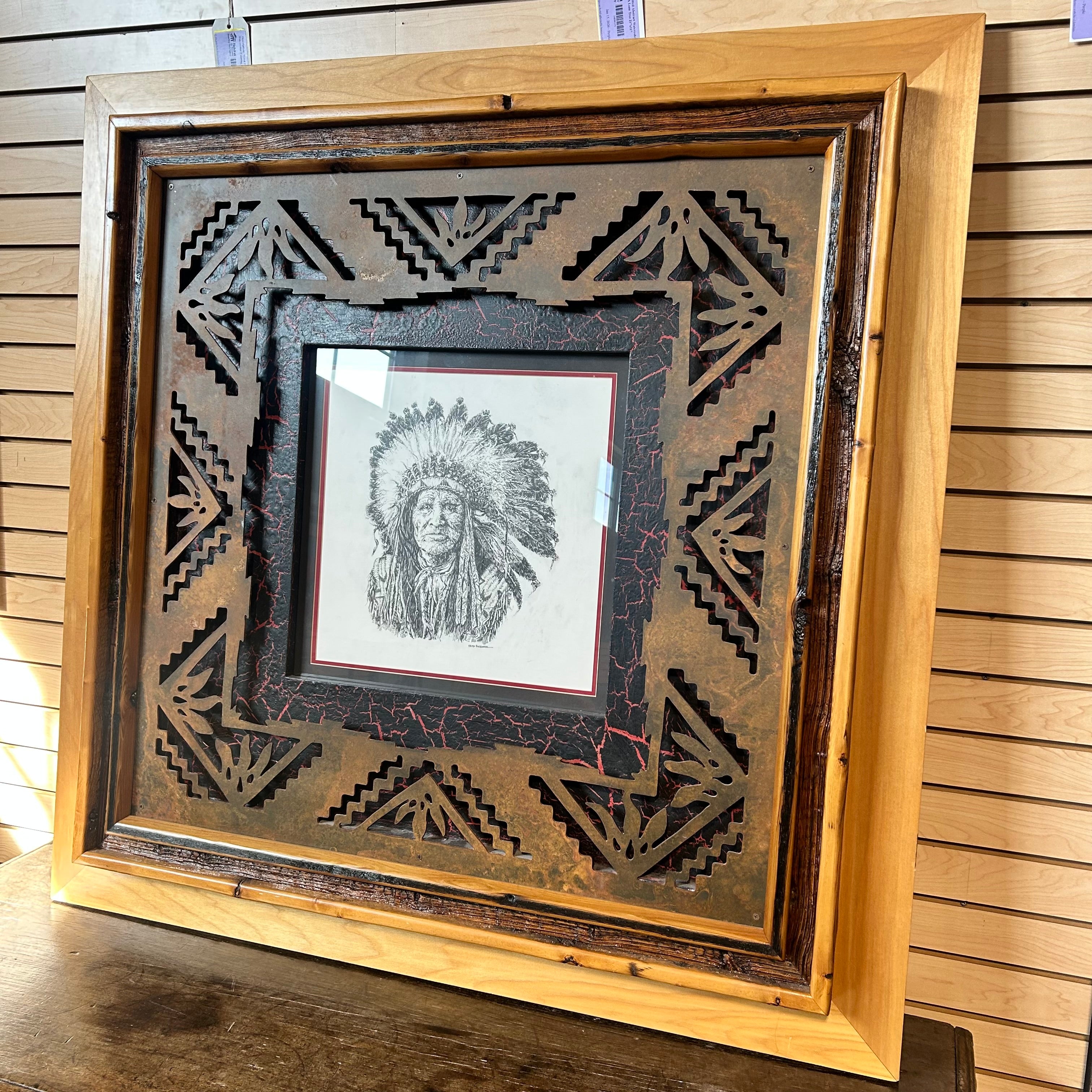 Kieth Rookwood Pencil Drawing Of A Native American Chief With One Of A Kind Custom Frame Made From Pine Wood Laser Cut Iron And Acrylic Crackel Backing 48"x 48"