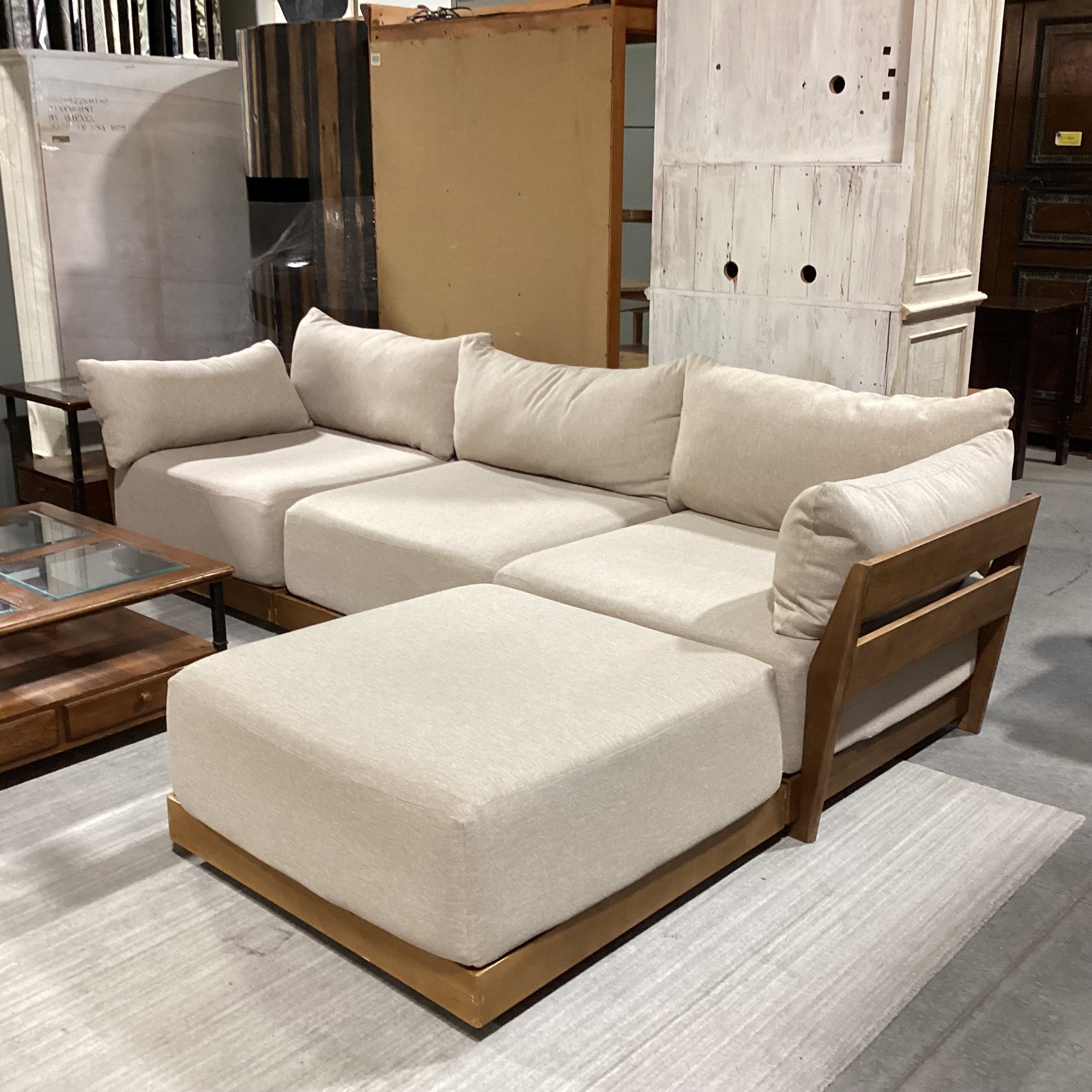 Bondi Mid Century Style Wood Base & Beige Cushions 4 Piece Modular Sectional 118"x 80"x 42"x 26"