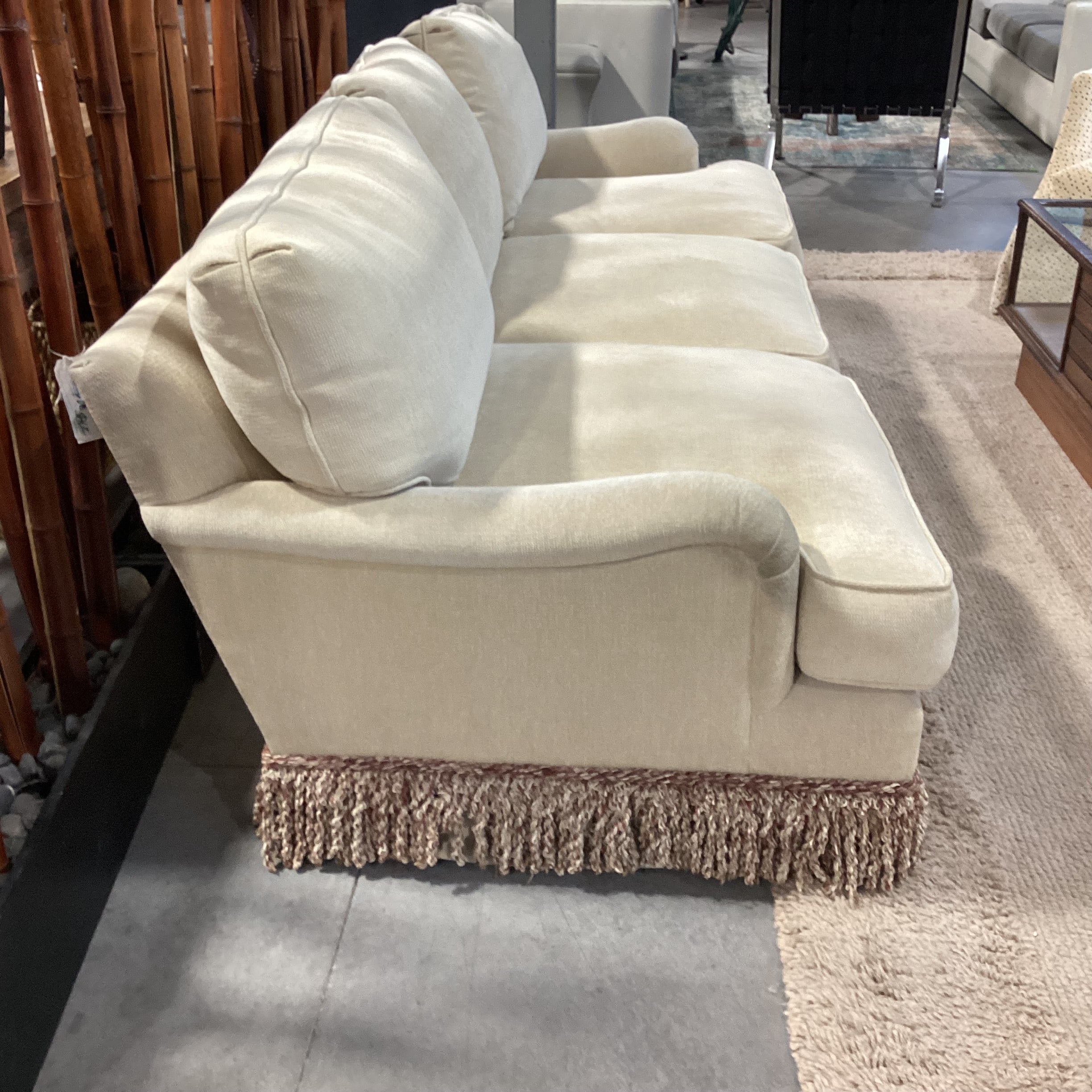 JJ Custom Cream Chenille Woven with Fringe Down Mix Sofa 96"x 42"x 31"