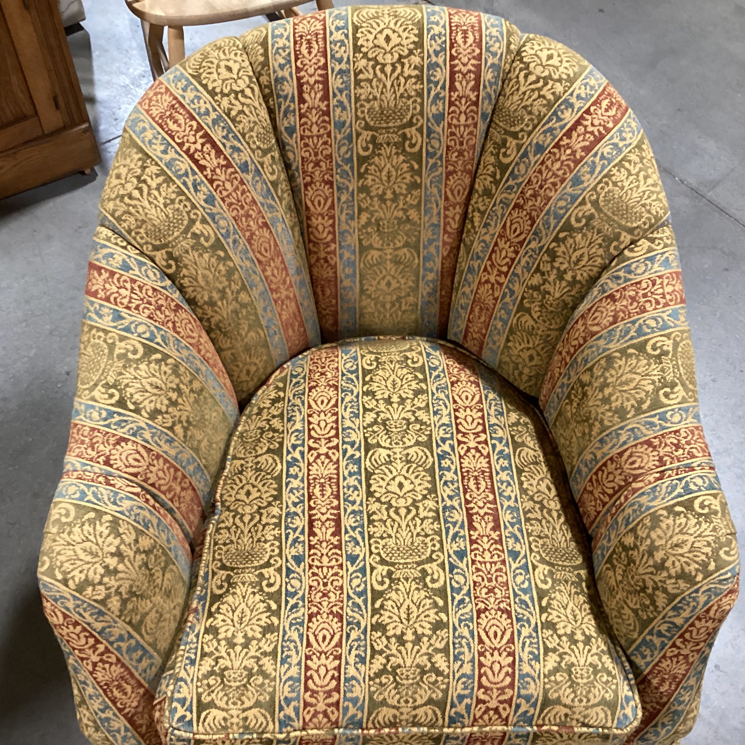 Custom Gold Sage Blue Rust Ornate Woven Ribbon Floral Scallop Back on Casters Chair 33"x 34"x 33"