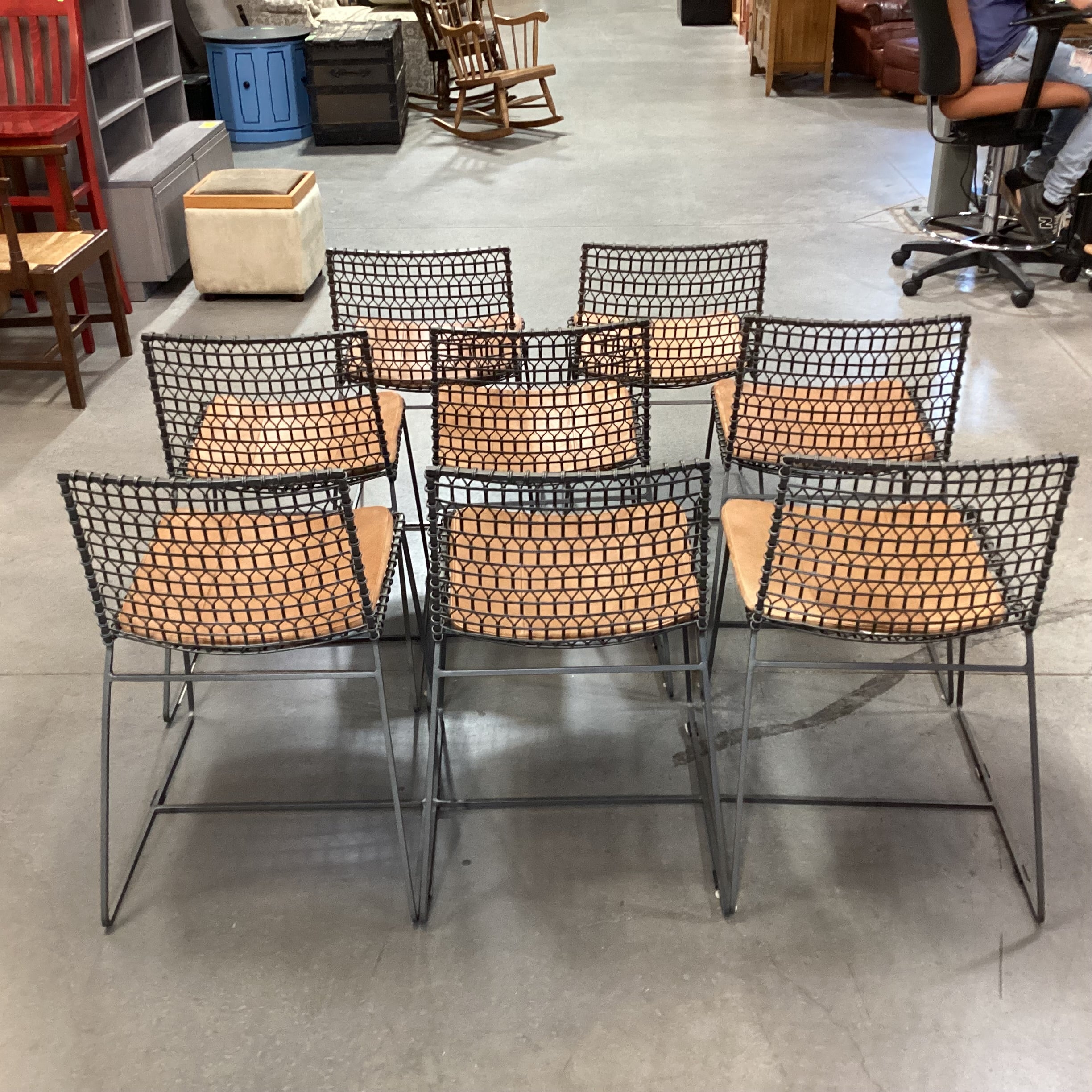 Set of 8 Crate & Barrel Tig Metal & Leather Cushion Dining Chairs  18"x 21"x 31"