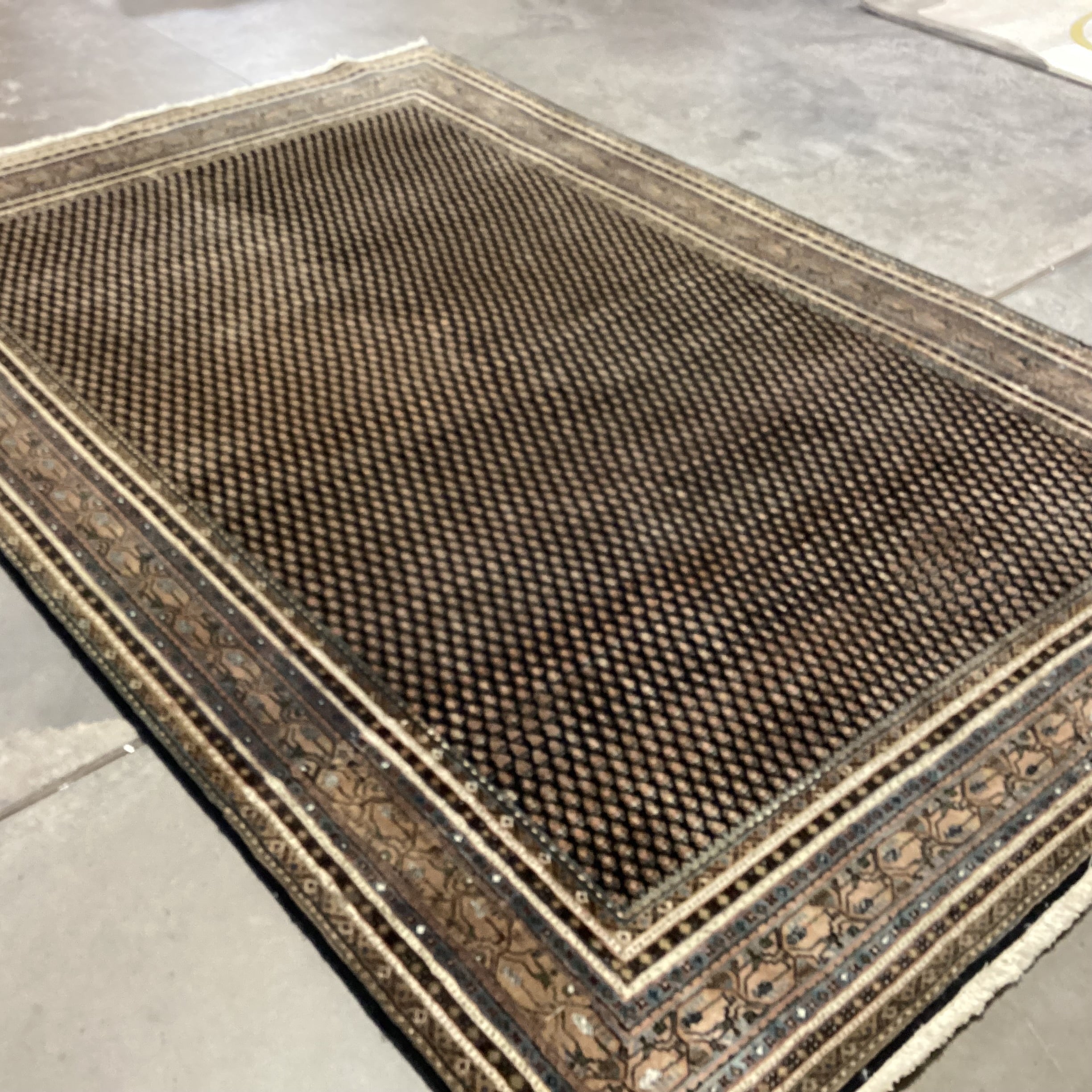 Cream Black Blue Taupe Olive Indo Mir Boteh Motif Hand Woven Wool Rug 6"x 9'4"