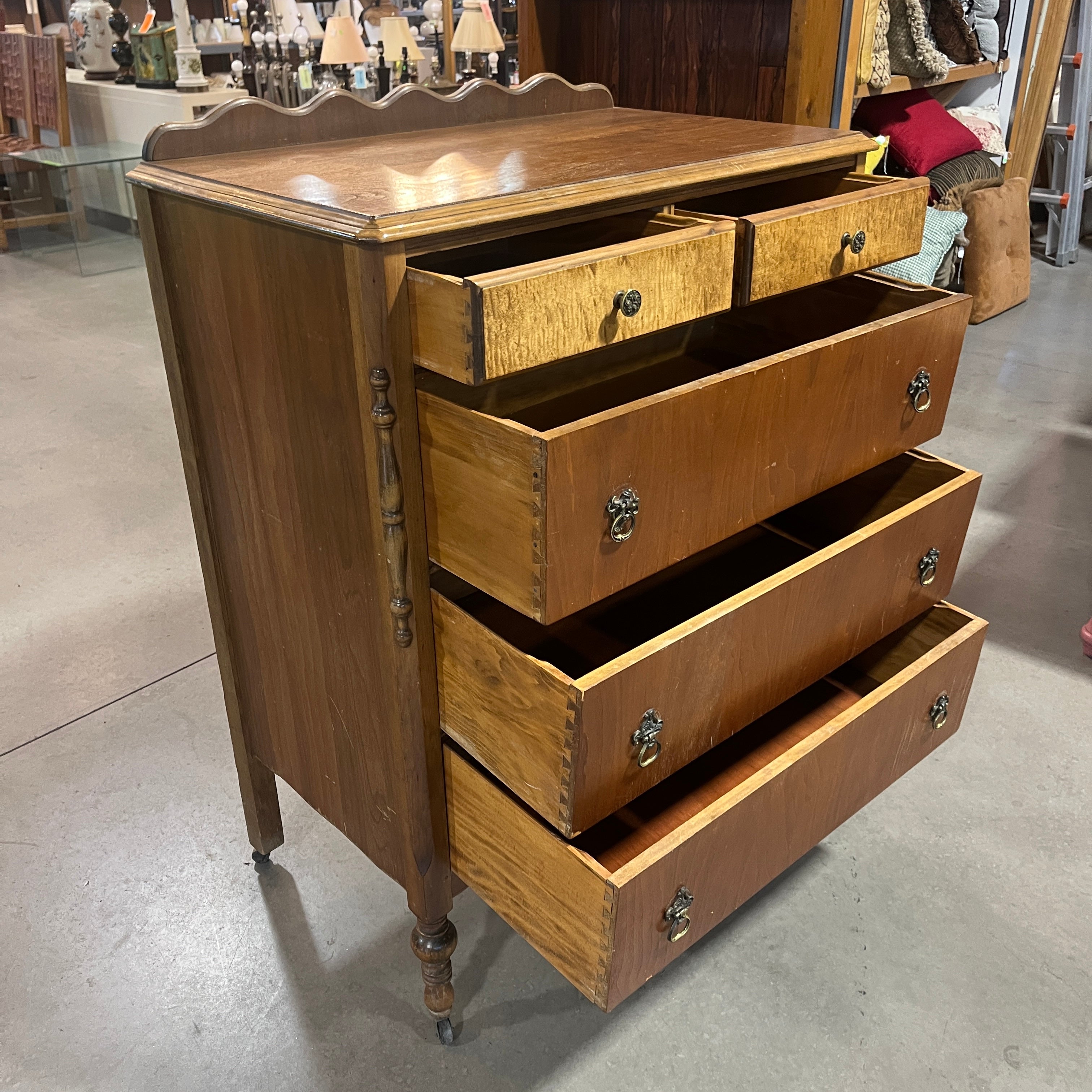 Antique 2 Tone Solid Wood 5 Drawer on Casters Tall Boy Dresser 34"x 20"x 46"