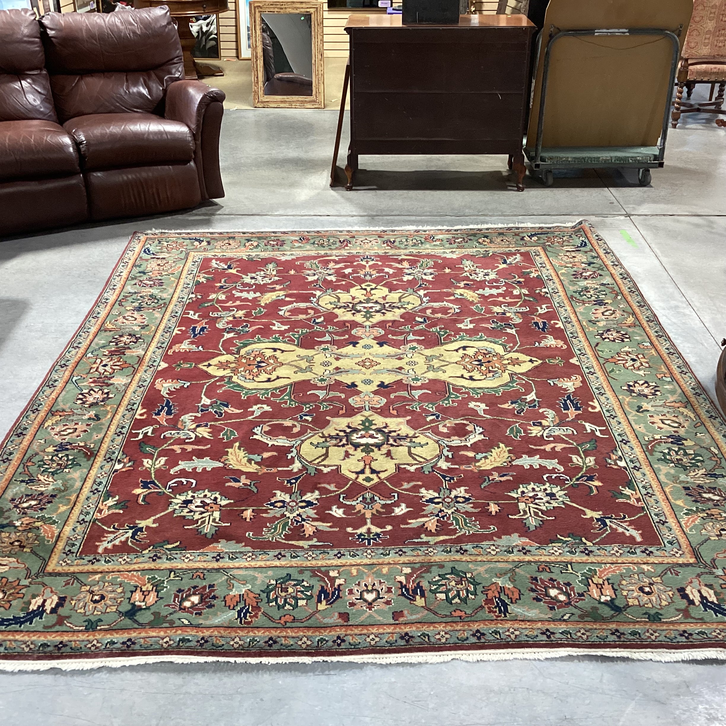 Vintage Burgundy Green & Gold Hand Woven Wool Rug 8'x 10'