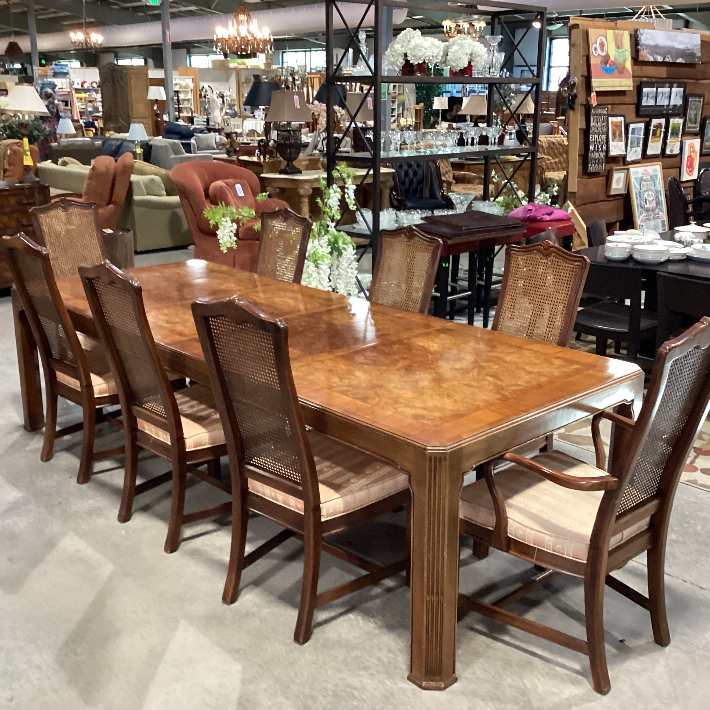 White Furniture Finished Wood & Burl Wood Veneer 2 Leaves Table with 8 Caned Chairs Dining Set 68" to 110"x 43"x 29.5"