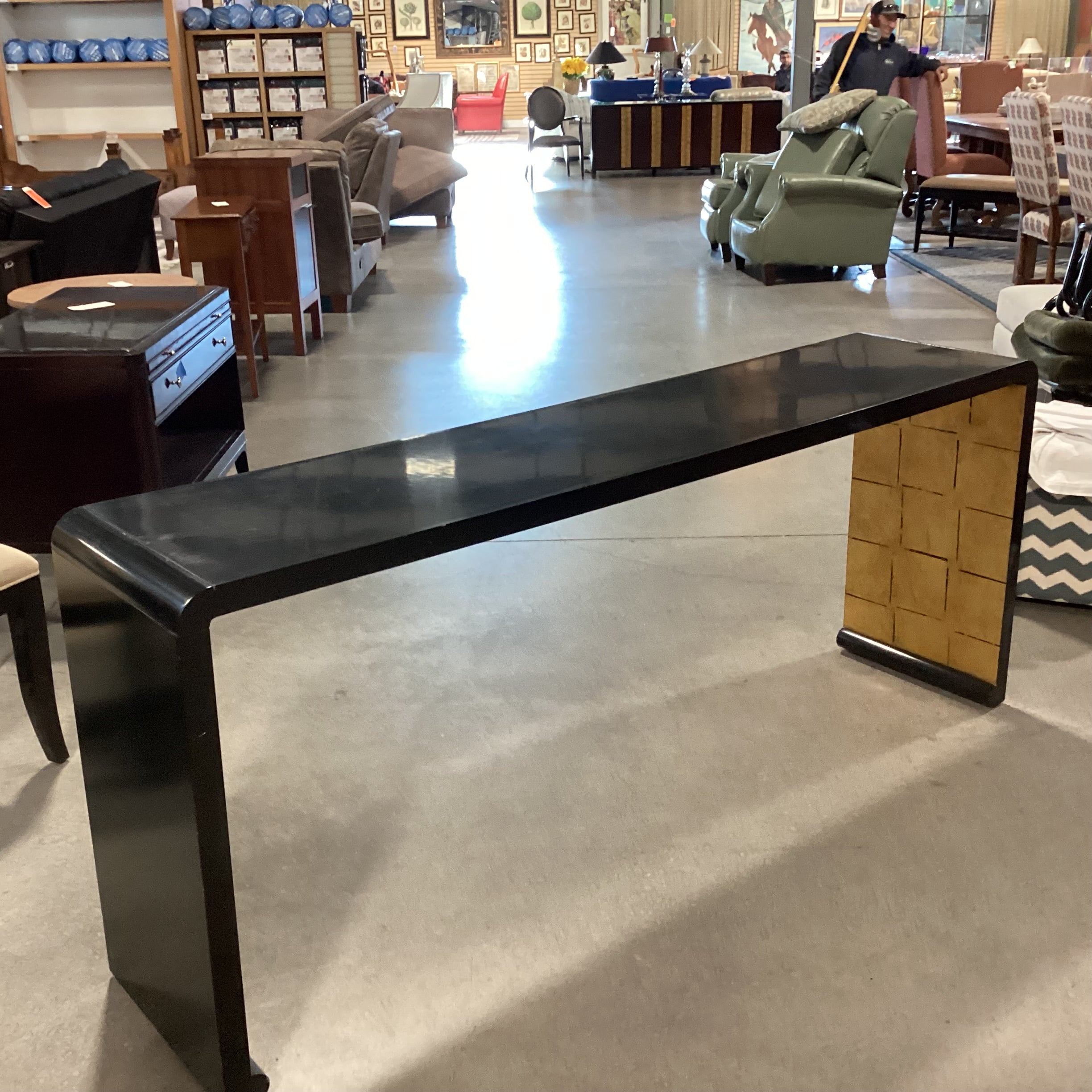 Vintage Black Lacquer & Gold Gilt Console Sofa Table  72"x 16"x 30"