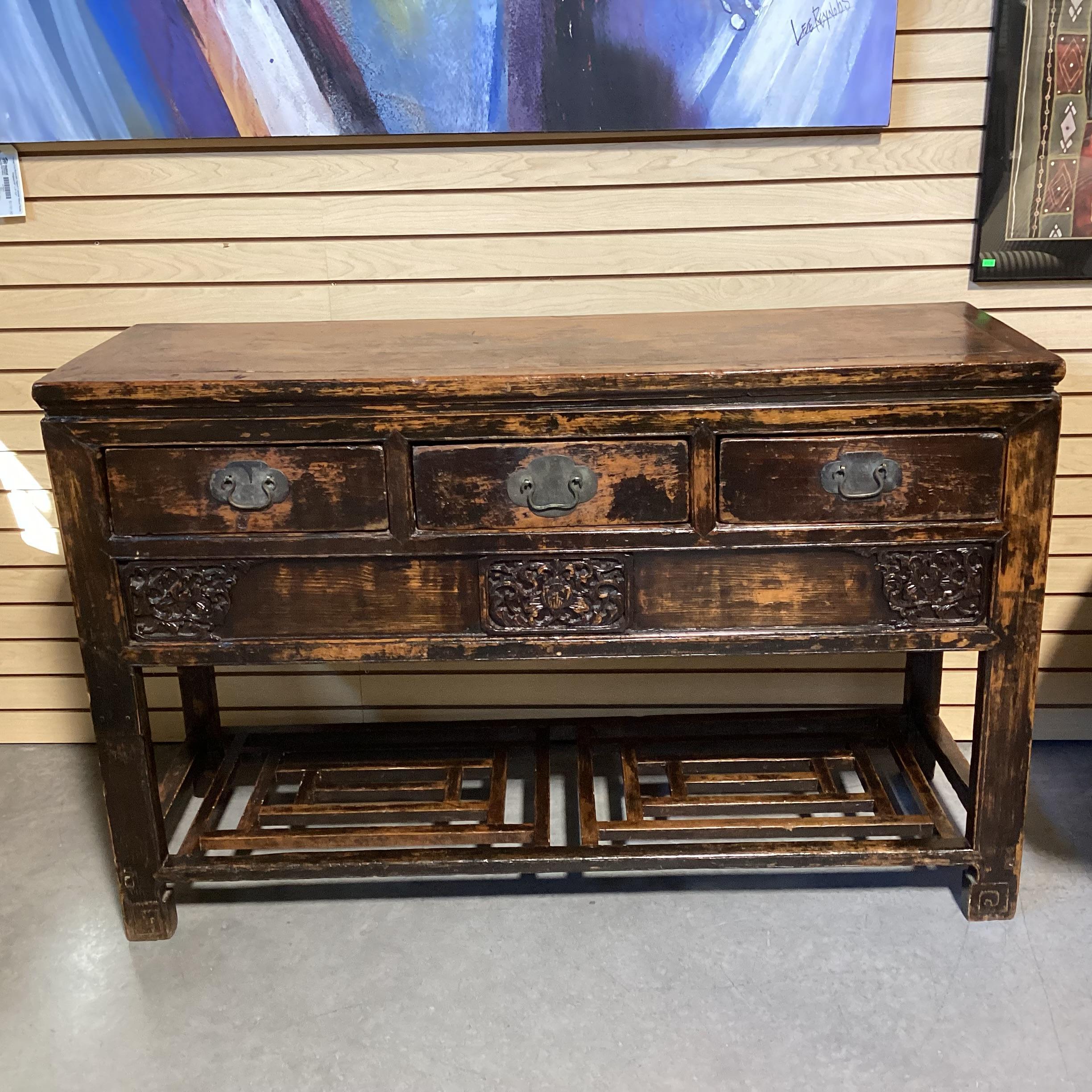 Vintage Antique Asian Carved Wood Lacquer Distressed Buffet 54.5"x 18.5"x 35"