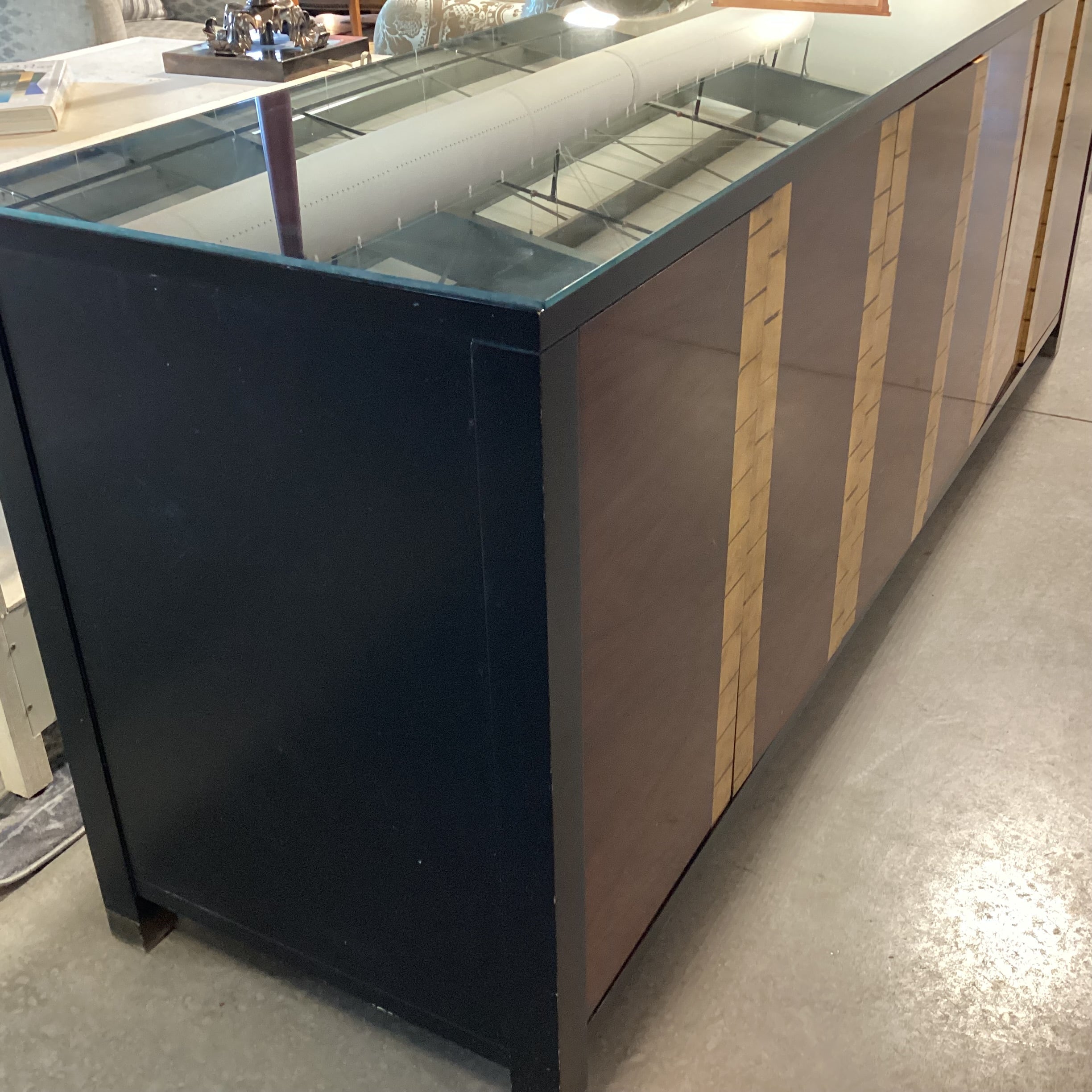 Bolier & Co Vintage Black Lacquer Dark Finished Wood Veneer & Gold Gilt 4 Door 6 Drawer & Shelves Credenza 82"x 21"x 30.5"