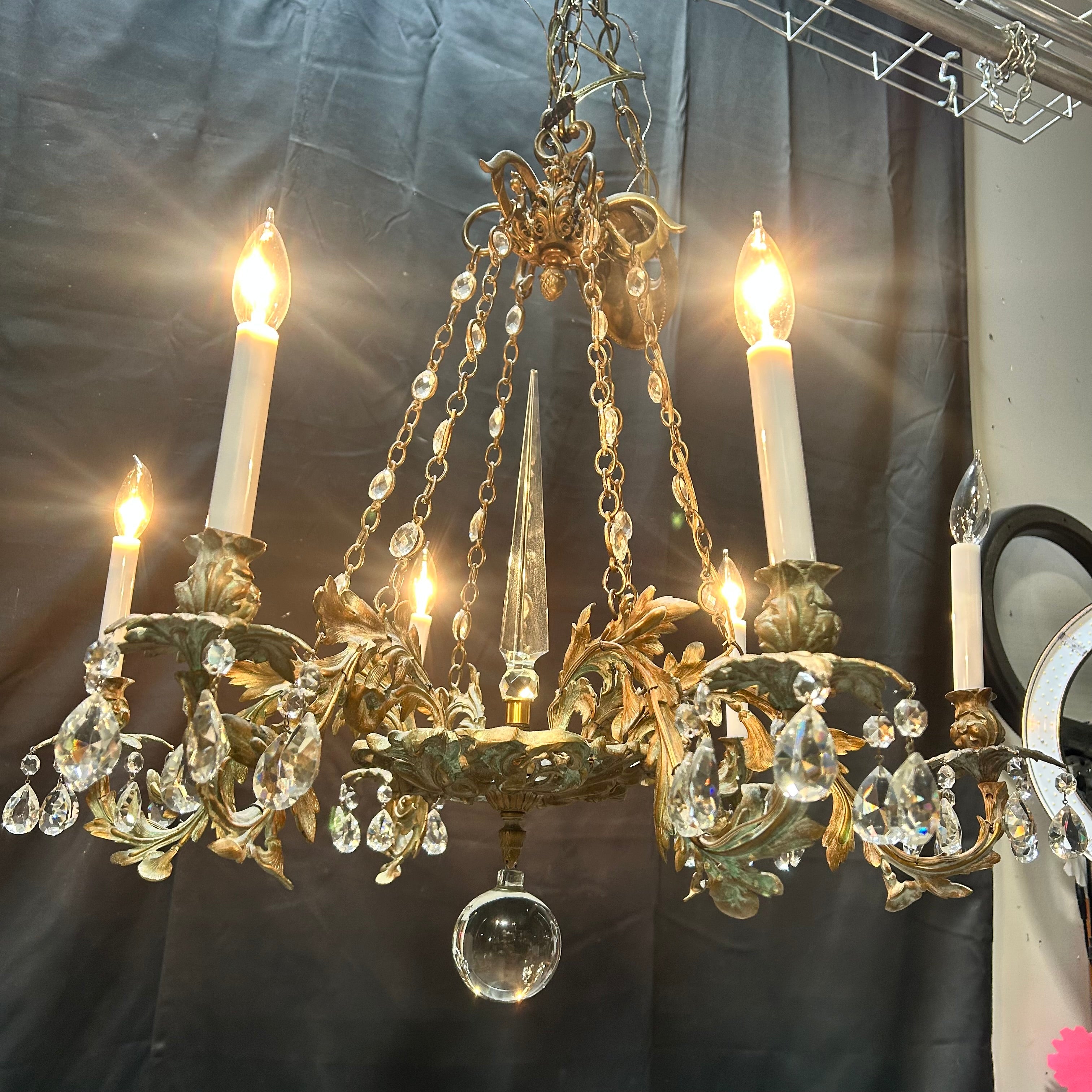 Antique European -Style Brass Gilt With Crystal Prisms  34"x 30"Chandelier