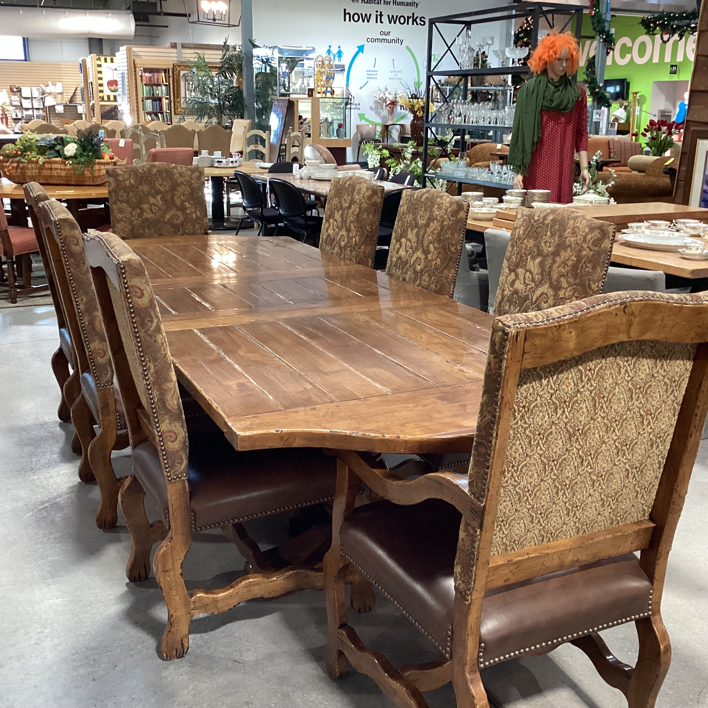 Distressed Finished Wood with Leaf & 8 Carved Wood Leather & Upholstery Chairs Dining Set 120"x 44"x 30"