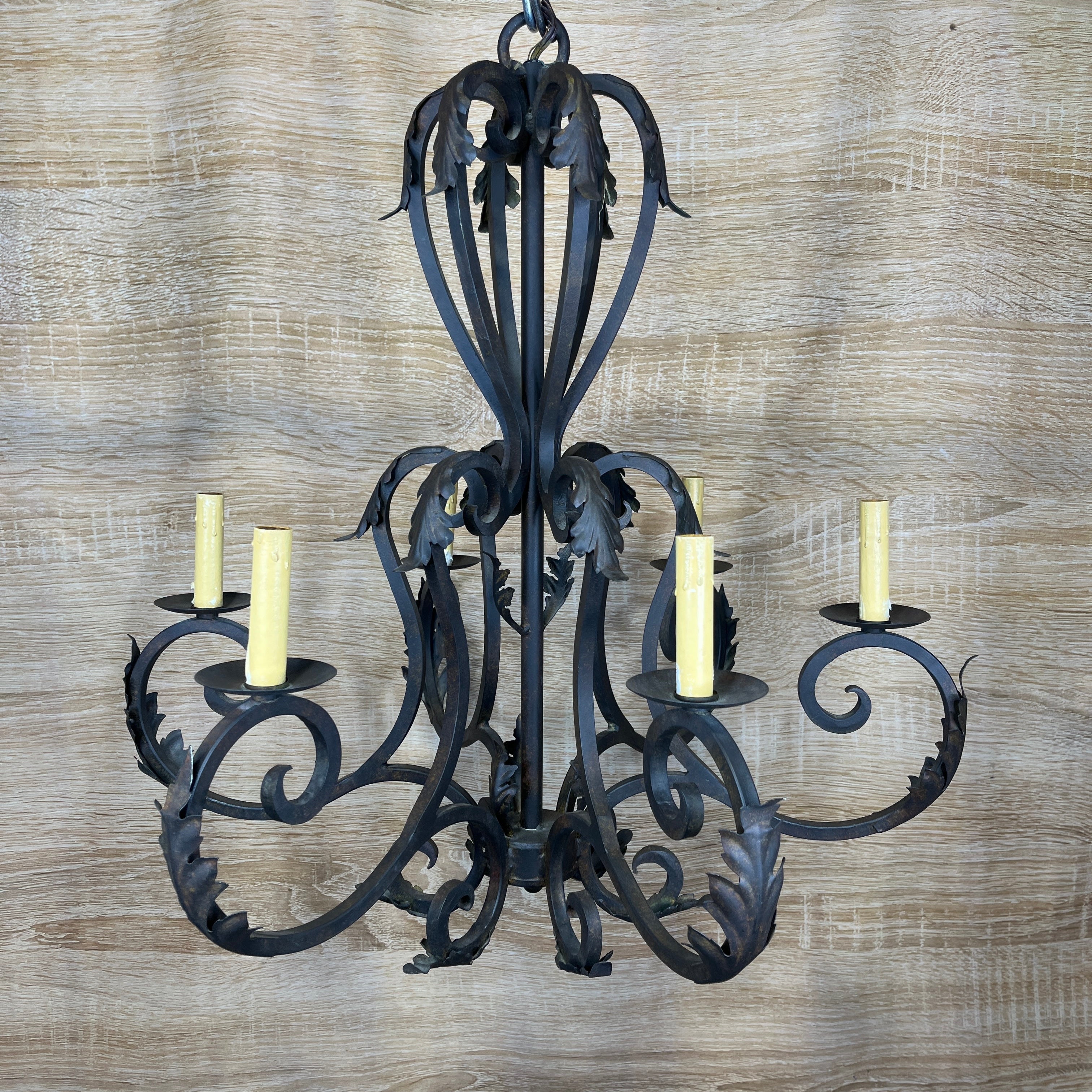 French Country Style 6-Light Bronze Iron Candelabra Chandelier 28" Diameter x 30" - 38"