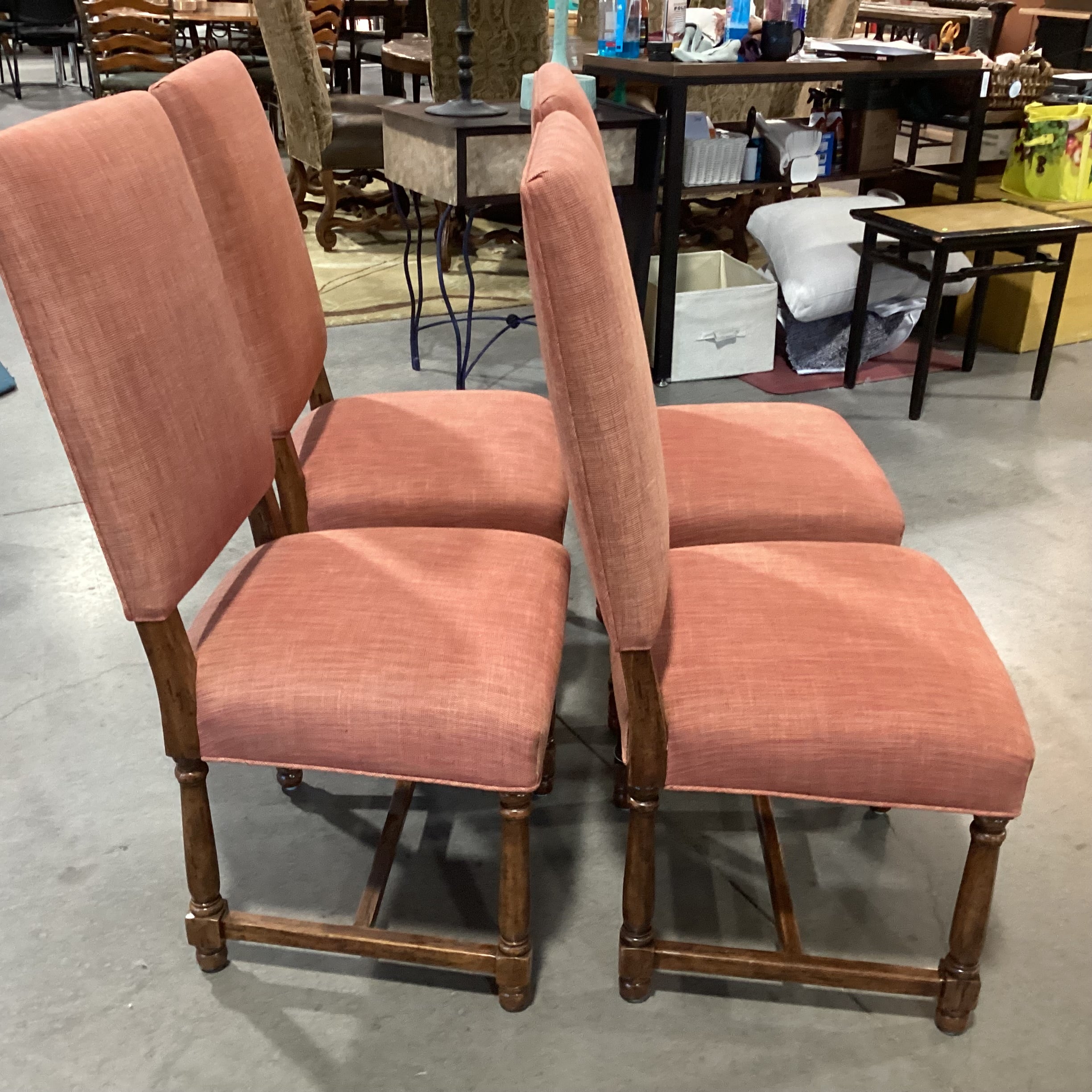 Set Of 4 Carved Wood Red Orange Woven Linen Dining Chairs 21"x 20"x 42.5"