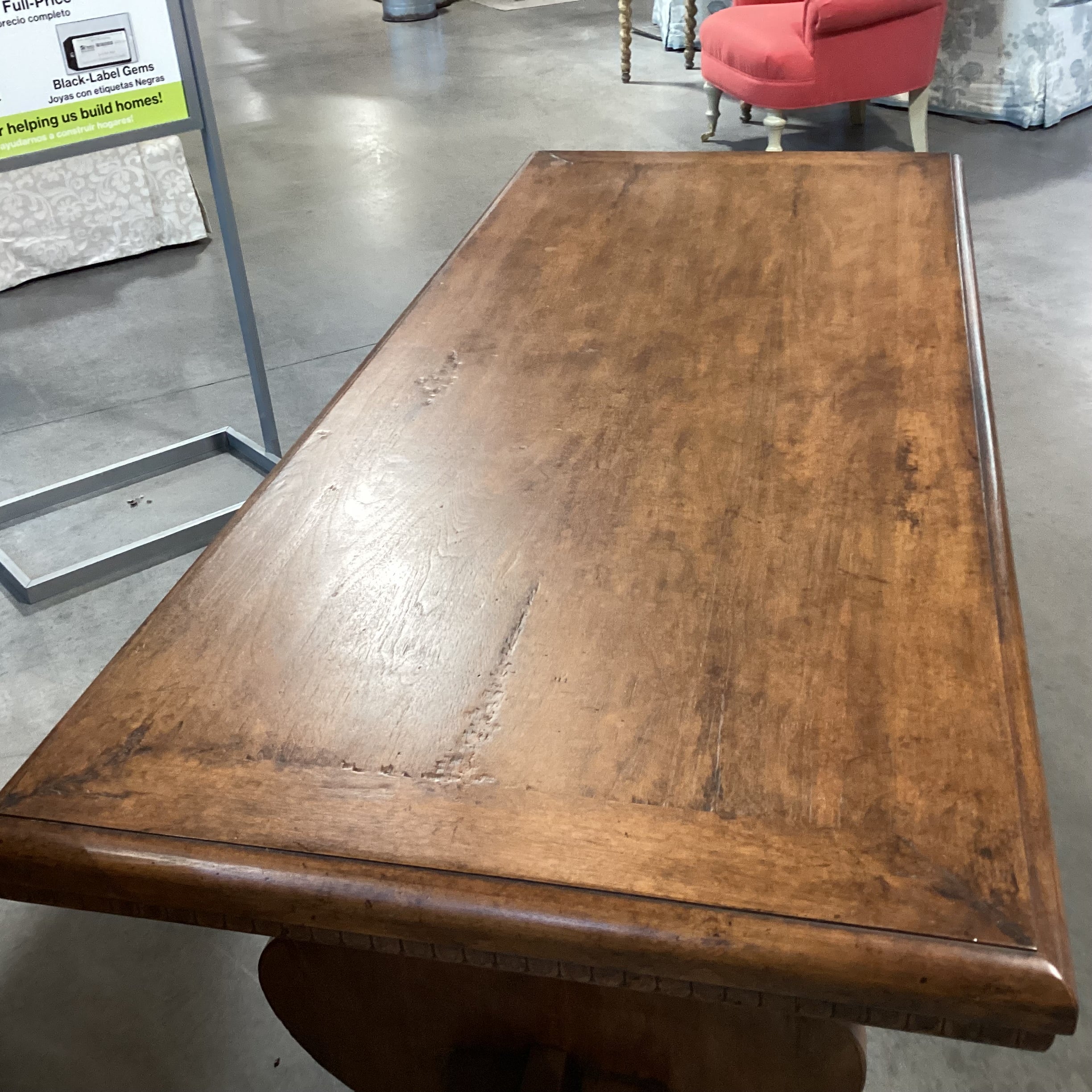 Distressed Finish Carved Wood with Dental Detail& Trestle Accent Table 70.5"x 30"x 30"