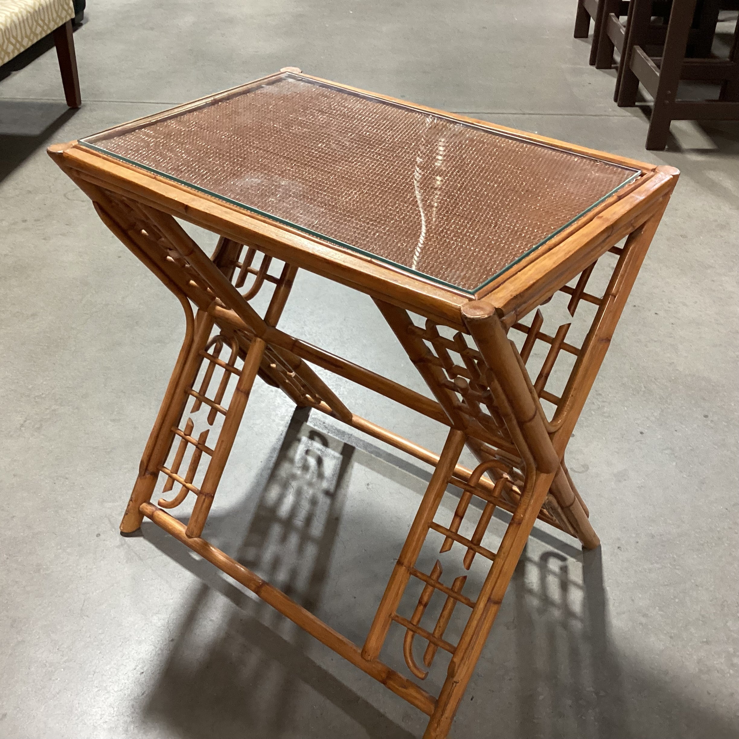 Vintage Bamboo & Rattan with Glass Top Accent Table 27"x 19"x 27"