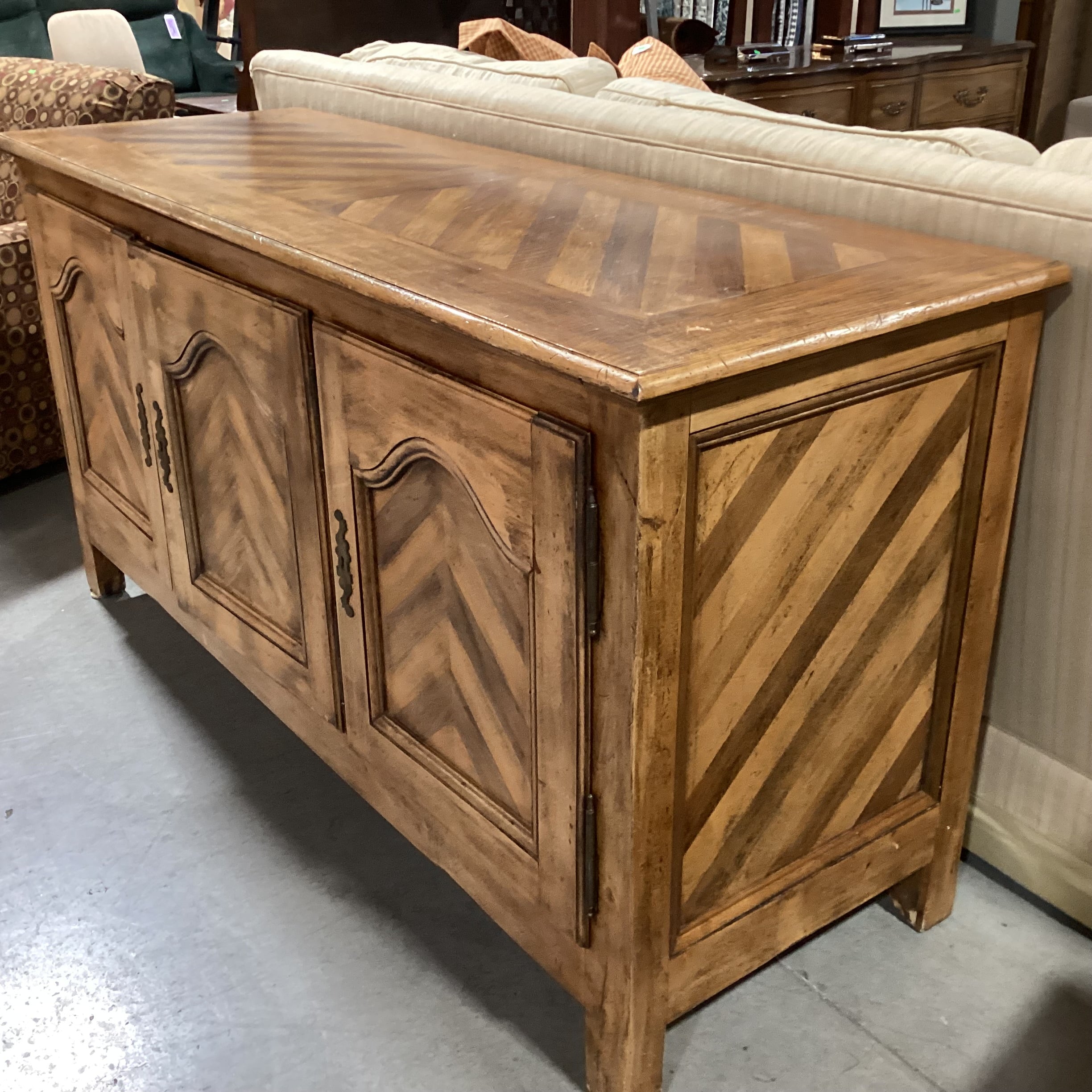 Distressed Finished Wood with Matched Chevron Detail 3 Door 4 Drawer & Shelves Sideboard 70"x 24"x 36"