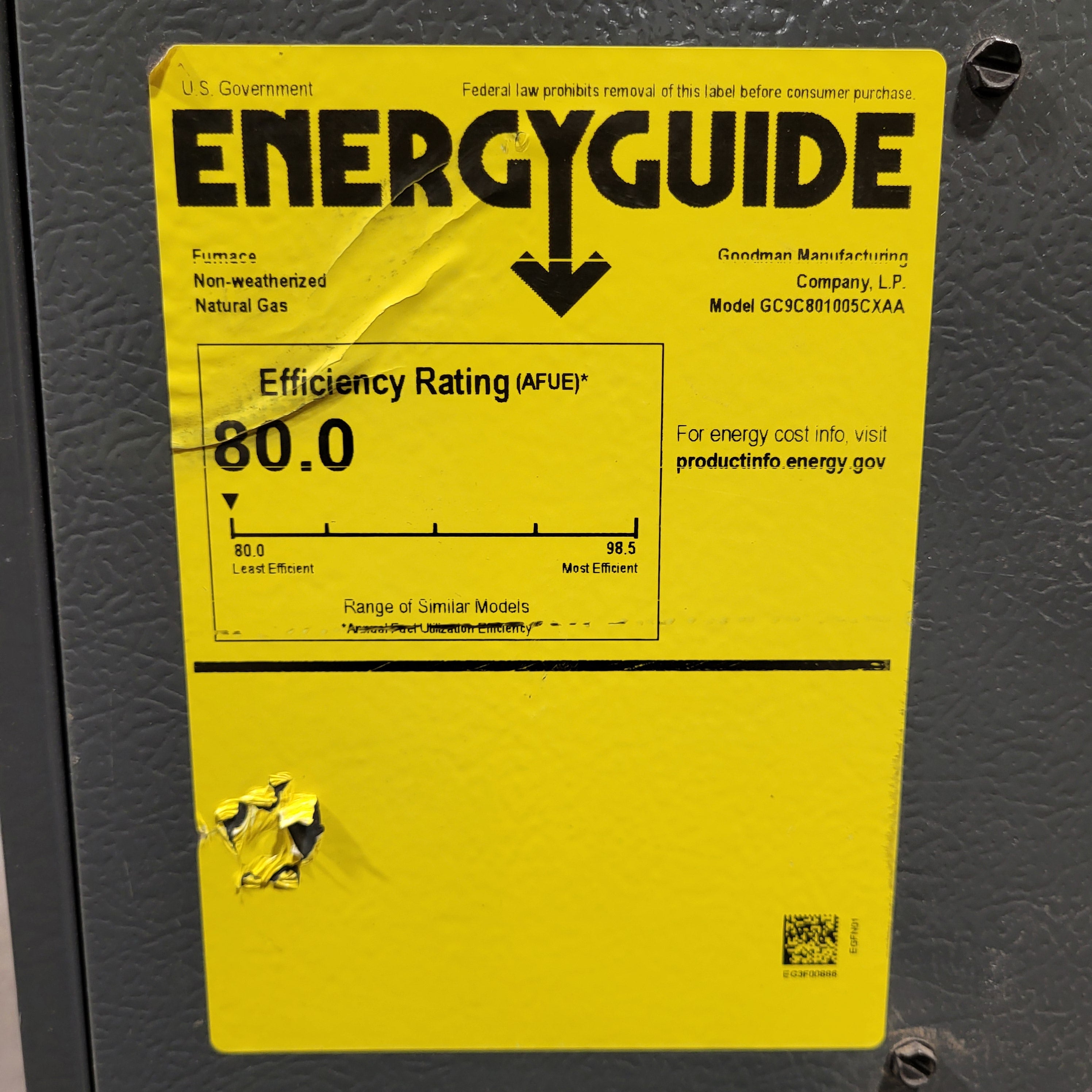 Goodman Manufacturing Natural Gas Furnace 21"x 28.5"x 34"