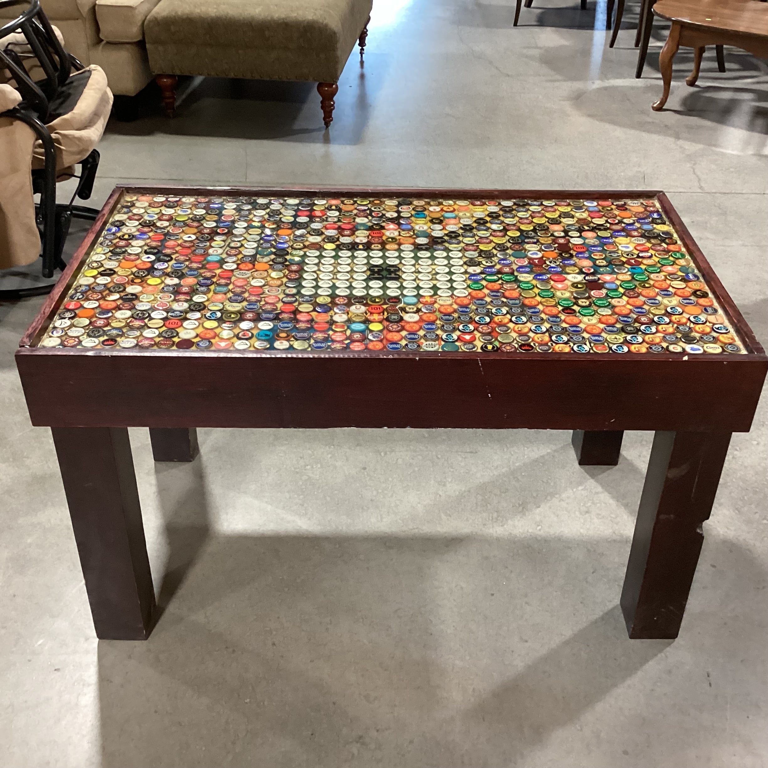 Handmade Wood & Bottle Top Design Accent Table 44.5"x 25.5"