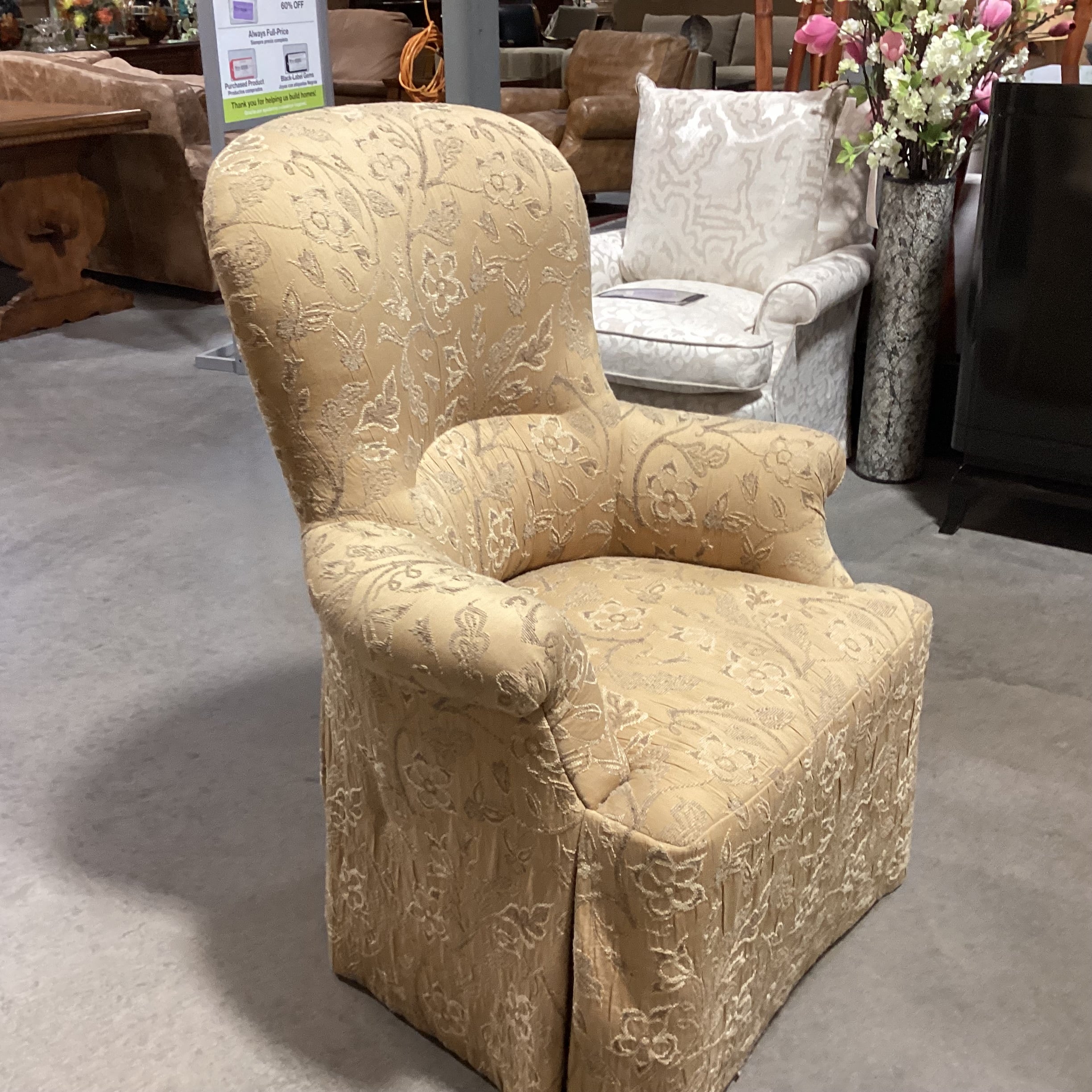 JJ Custom Gold & Taupe Raised Stitch Floral Chair 31"x 26"x 42"