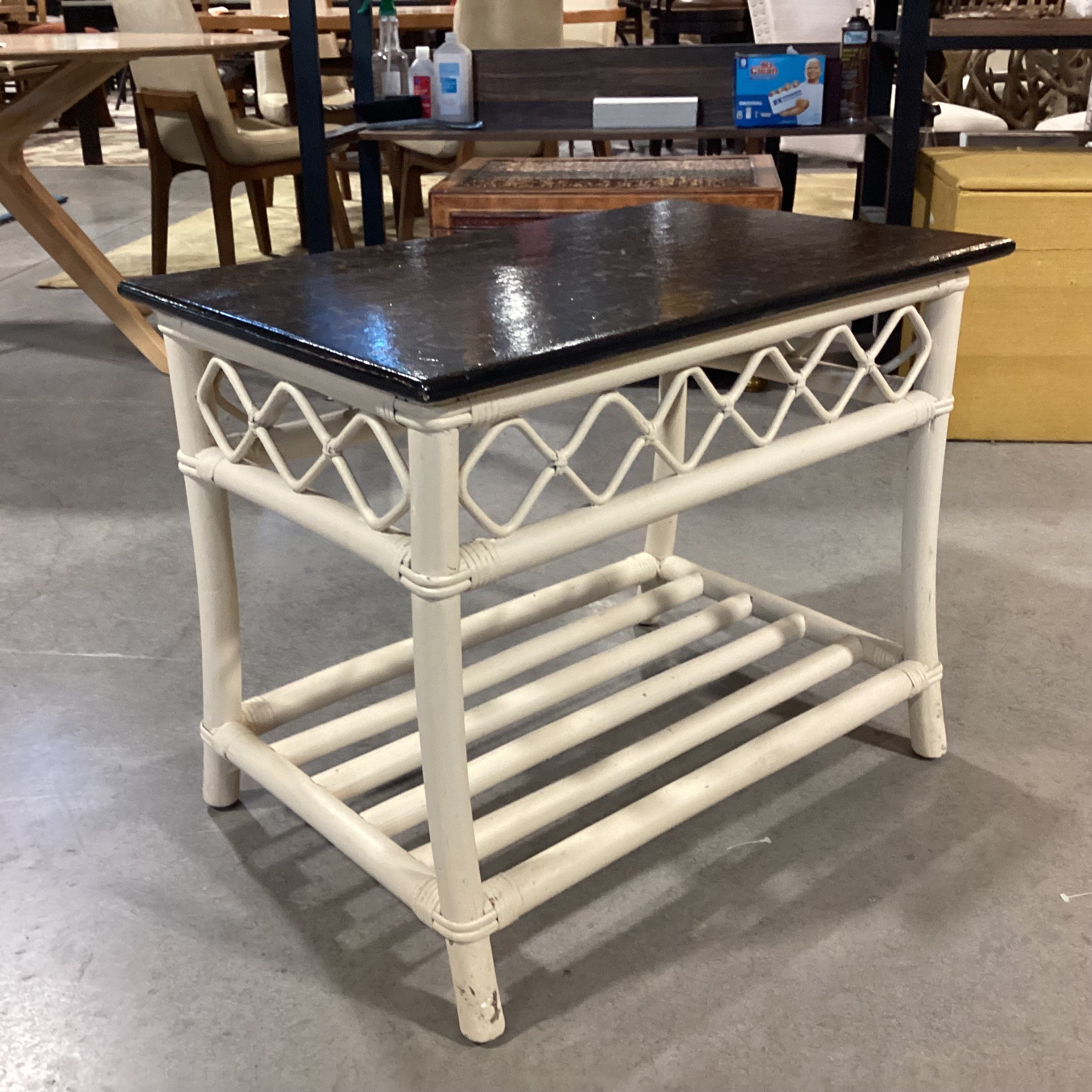 Cream Rattan & Finished Detailed Wood Top Accent Table 30"x 19"x 23.5"