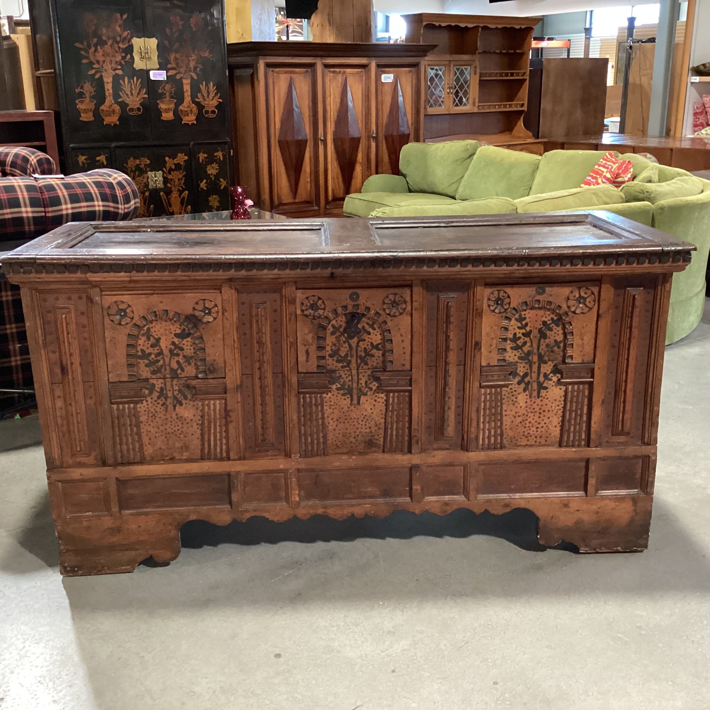 Antique 18th Century European Carved Wood Floral Panels Dental Detail Chest Trunk 70"x 27"x 36.5"