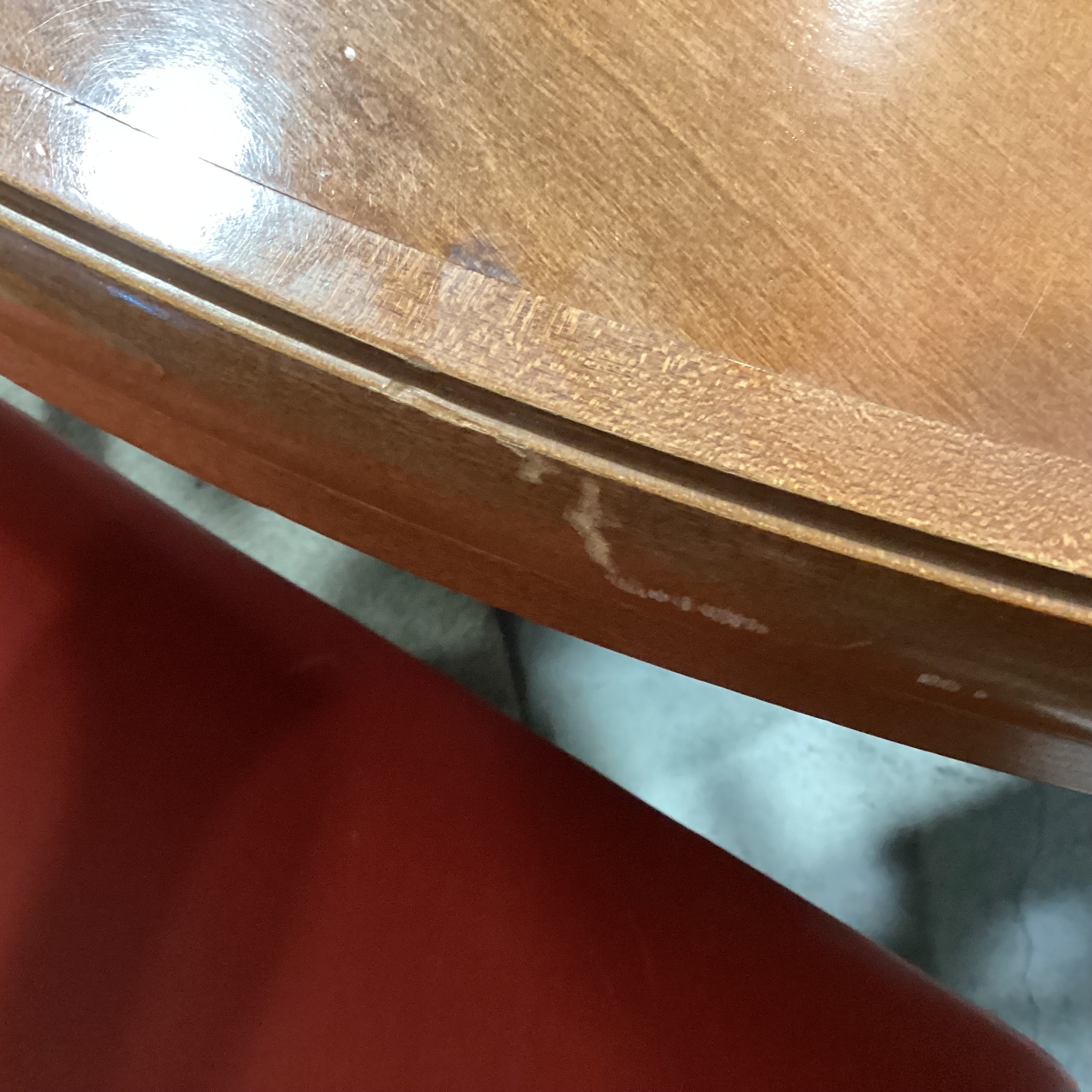 Round Finished & Pressed Maple Black Leather Like Pedestal Table with 6 Red Leather Like Chairs Dining Set 48" Diameter x 29"