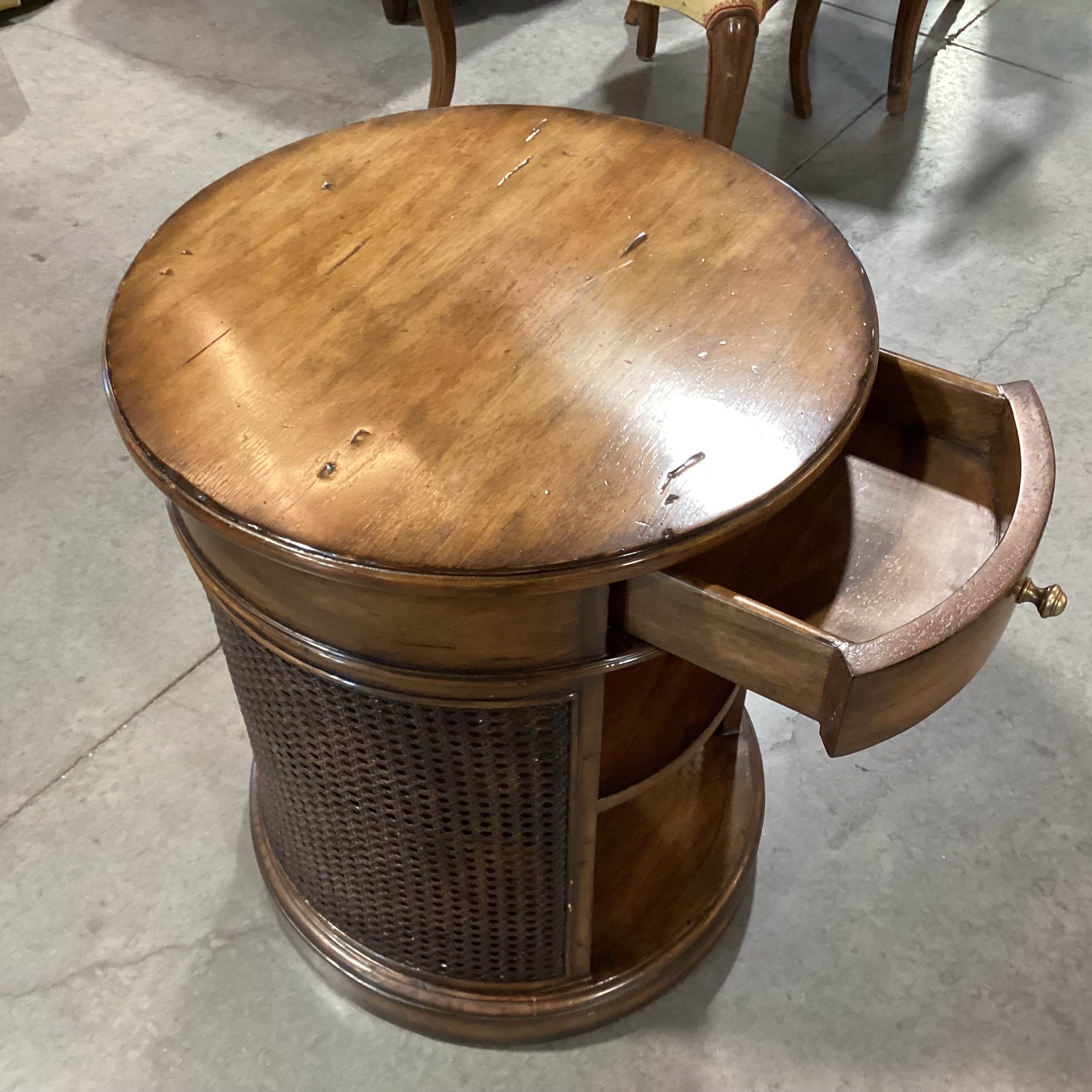 Round Finished Wood & Caning 1 Drawer with Shelves End Table 20" Diameter x 24"