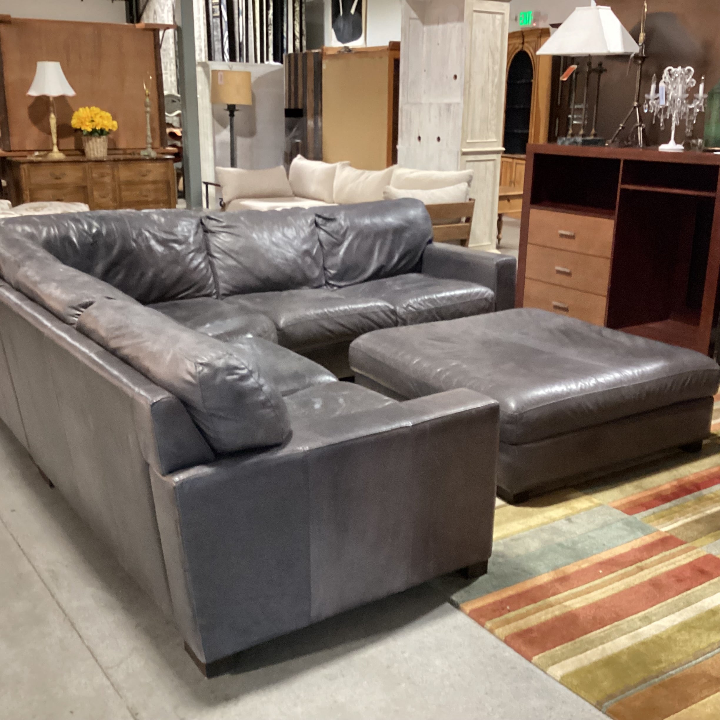 Softline Made in Italy Grey Distressed Leather 4 Piece with Ottoman Sectional 111"x 111"x 42"x 33"