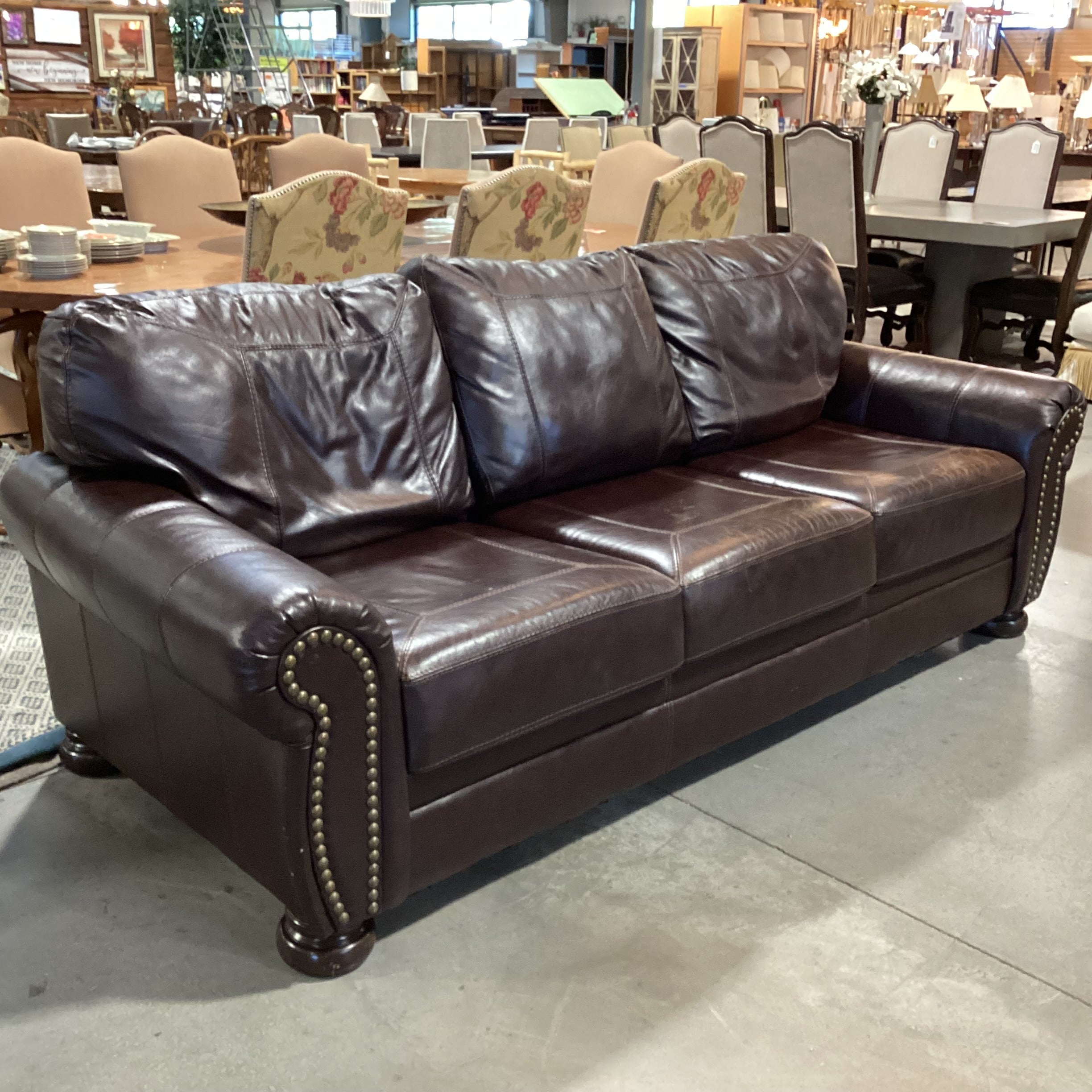 Ashley Furniture Dark Brown Leather Nailhead Roll Arm Sofa 99"x 41"x 38"