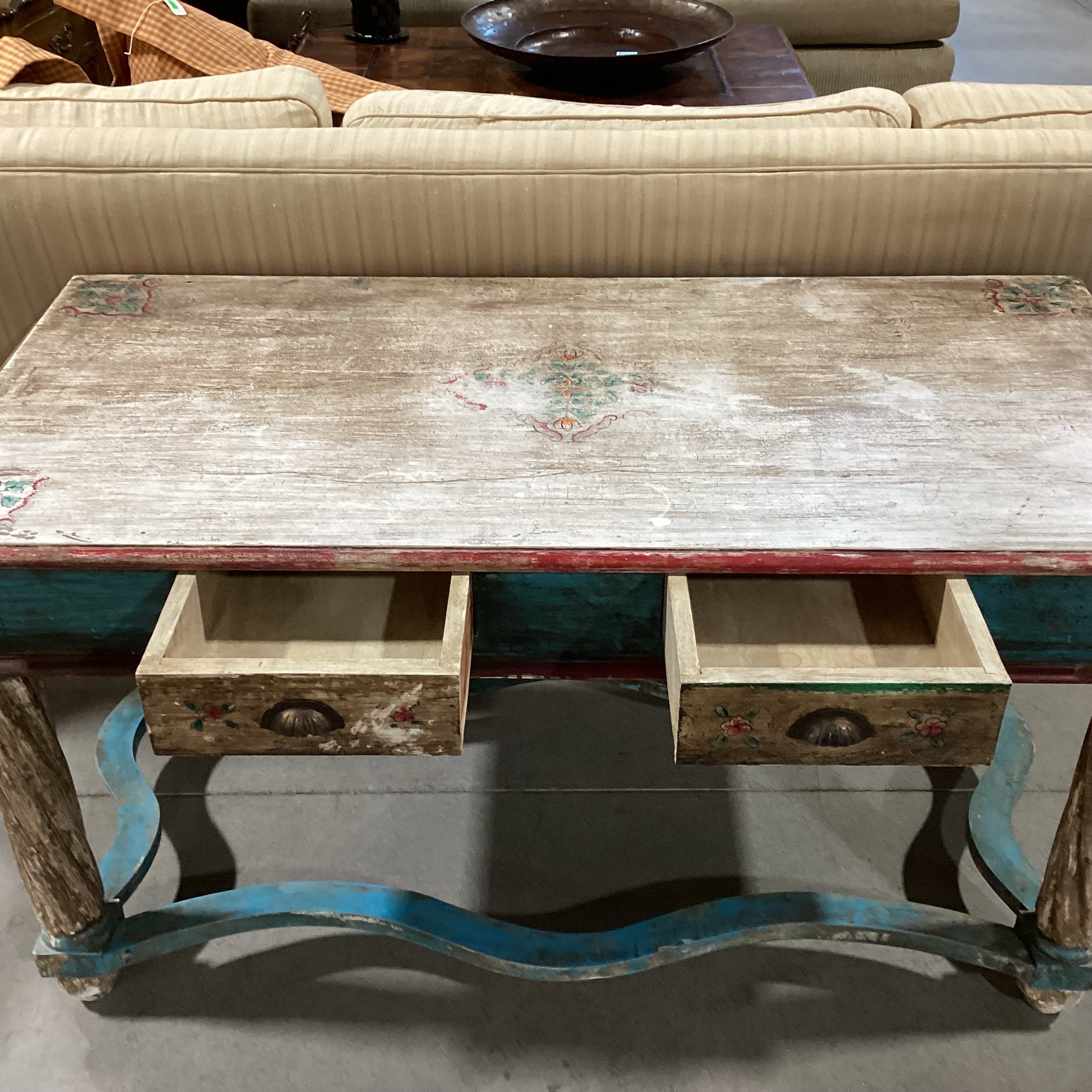 Antiqued Finish Hand Painted Blue & Red Floral Carved Wood 2 Drawer Accent Table 58.5"x 28.5"x 32"