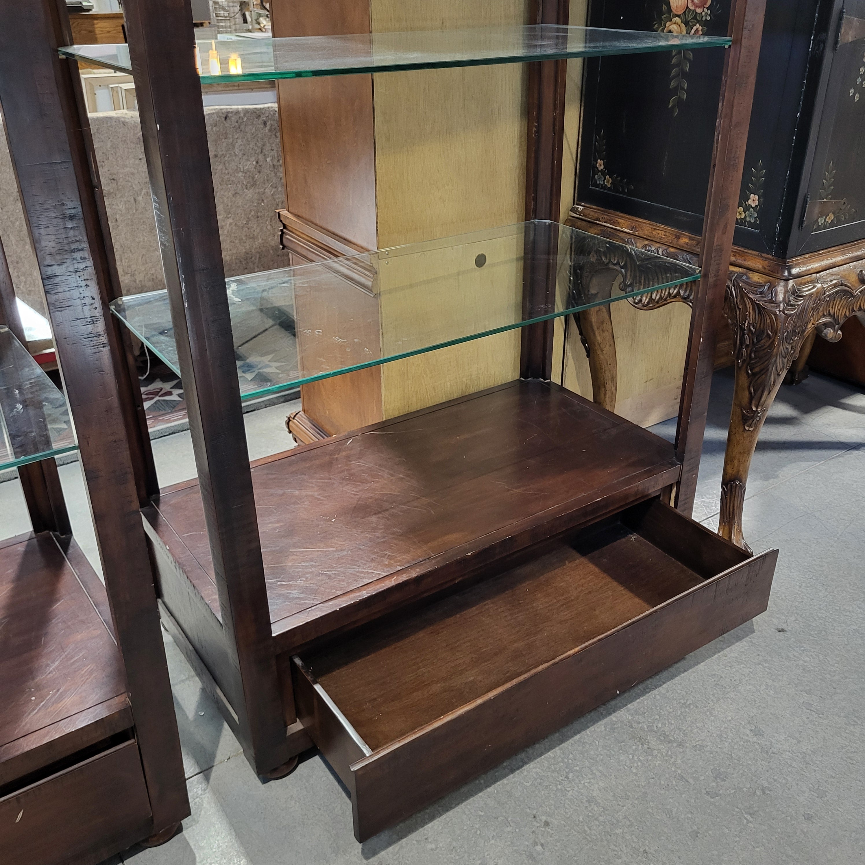 46"x 24"x 90.5" Dark Wood Glass Shelves 1 Drawer Display Case