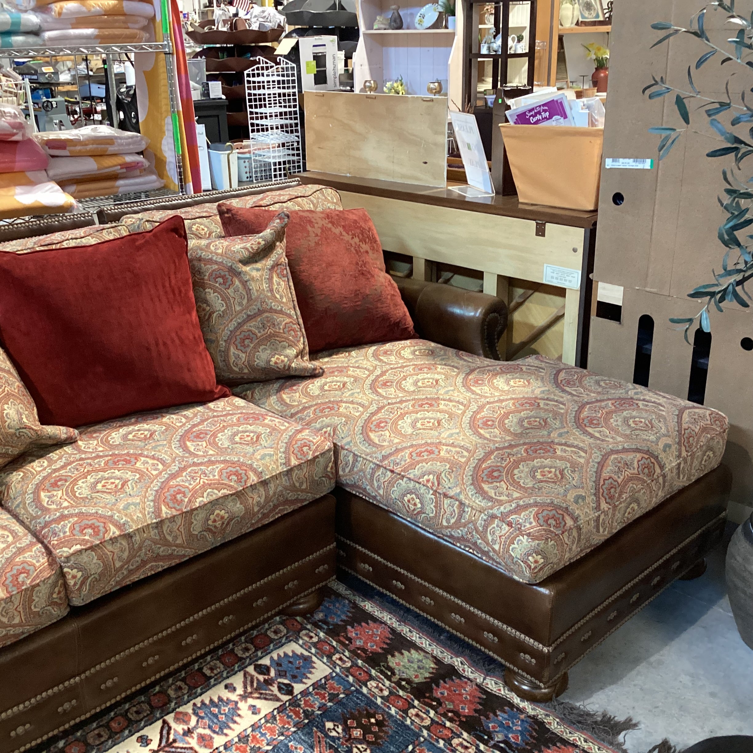 Massoud Luxery Western Leather Nailhead Ornate Floral & Reverse Velvet 2 Piece with Chaise Sectional 130"x 72"x 45"x 38"