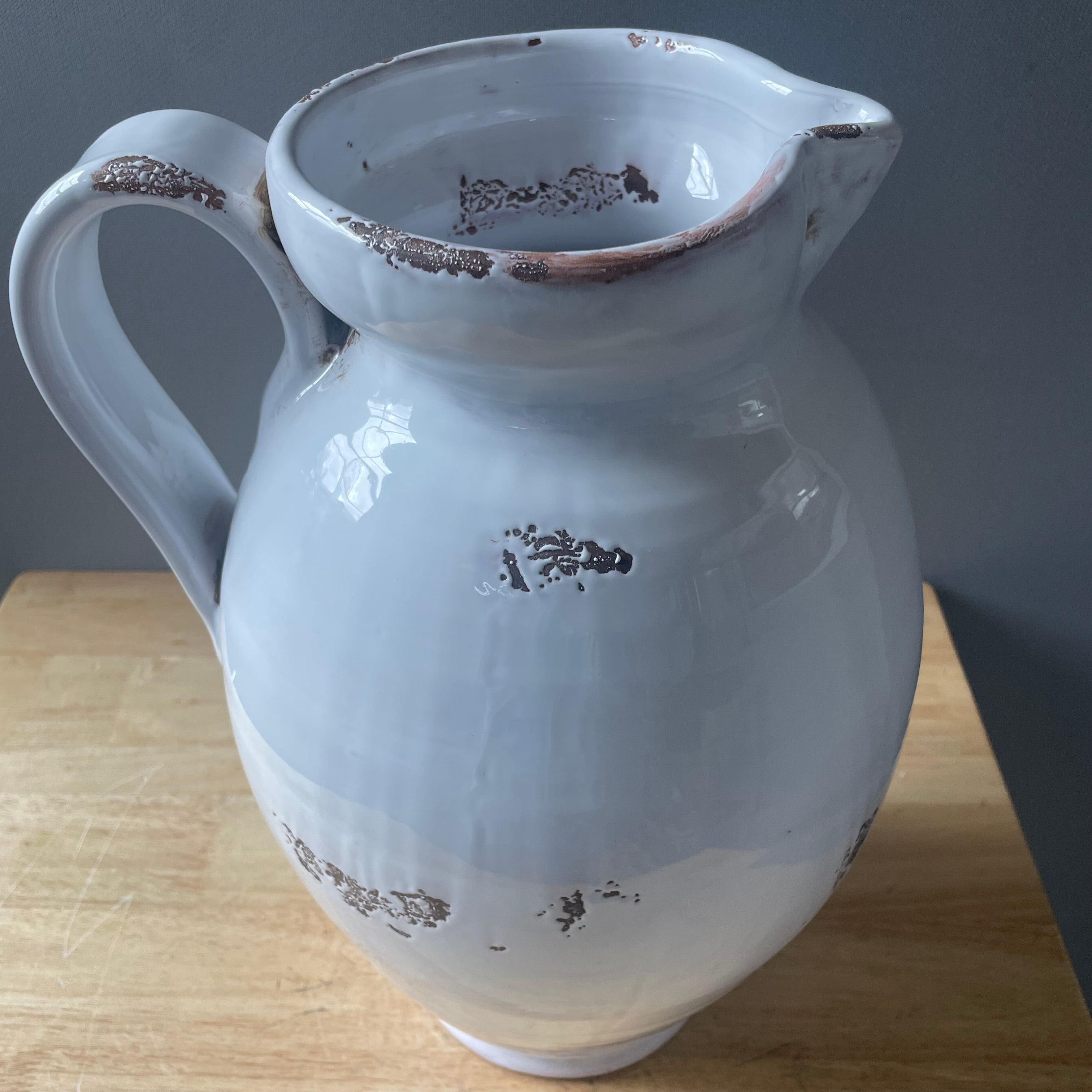 Alessandro Taddei Signed Fortunata Distressed White Glazed Ceramic Pitcher, 11"x 15.5"
