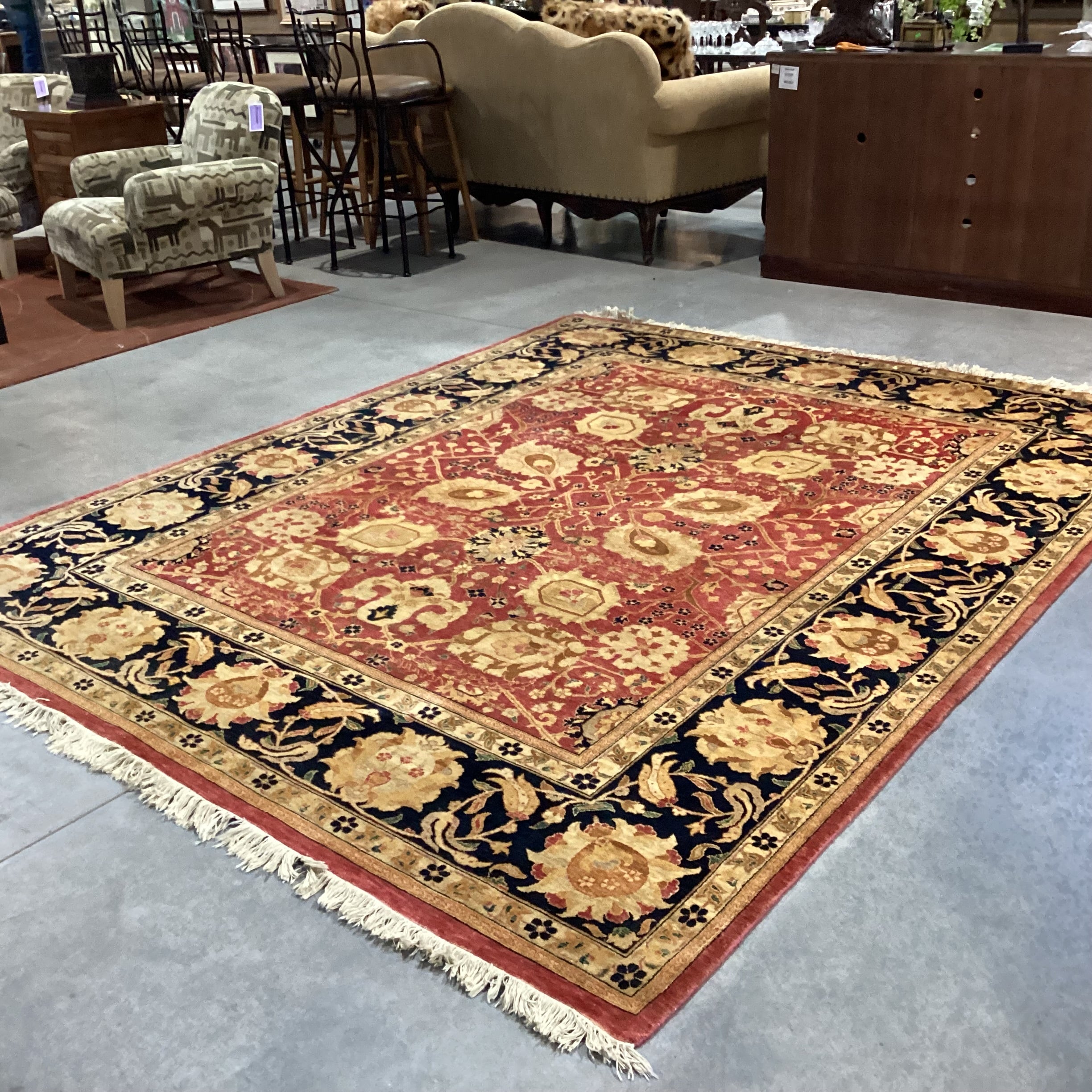 Gold Red & Black Floral Hand Woven Wool Rug 8'x 10'3"
