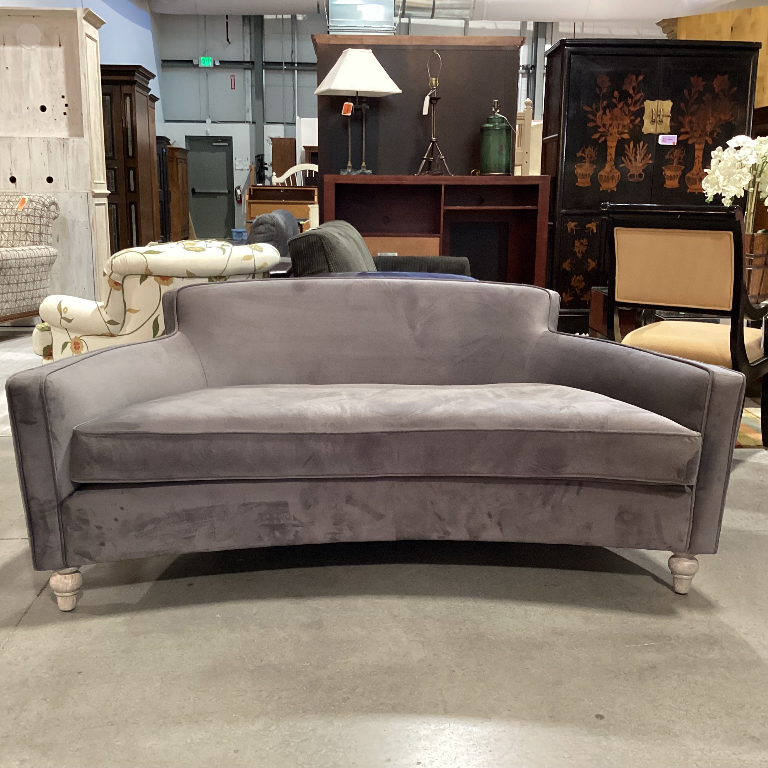 Grey Plush Velvet with French Washed Oak Feet Curved Sofa 70"x 41"x 29"