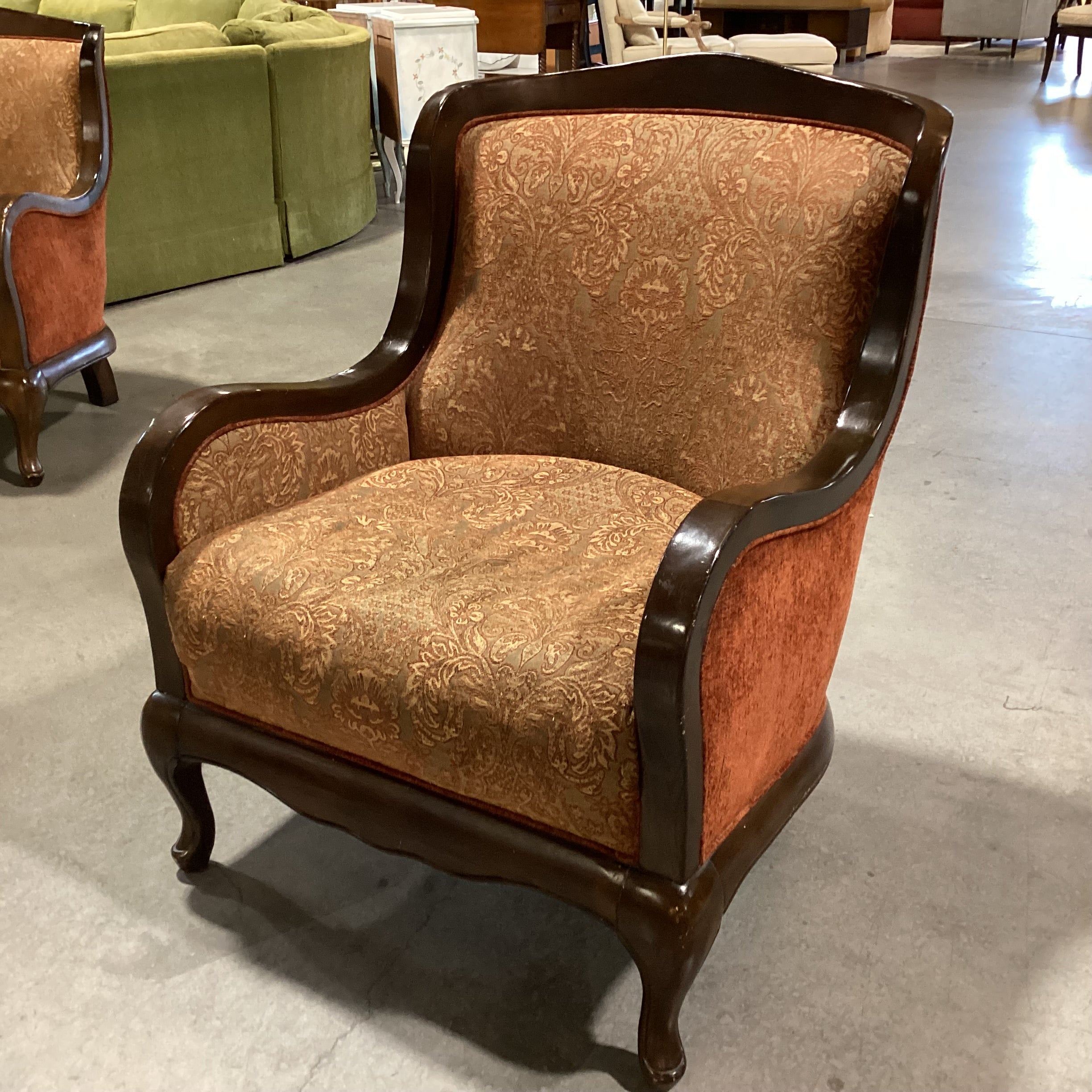 Vintage Carved Wood & Ornate Brown Burnt Orange Gold Upholstery with Raised Velvet Back Chair 29"x 31"x 38.5"
