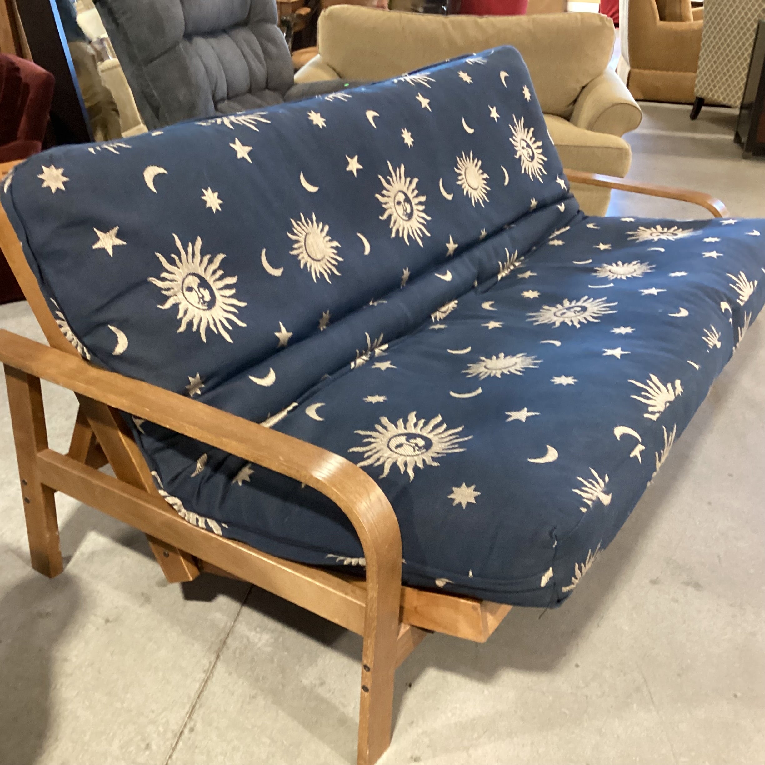 Oak & Blue With Sun Moon & Stars Cushion Futon Sofa 80"x 42" to 56"