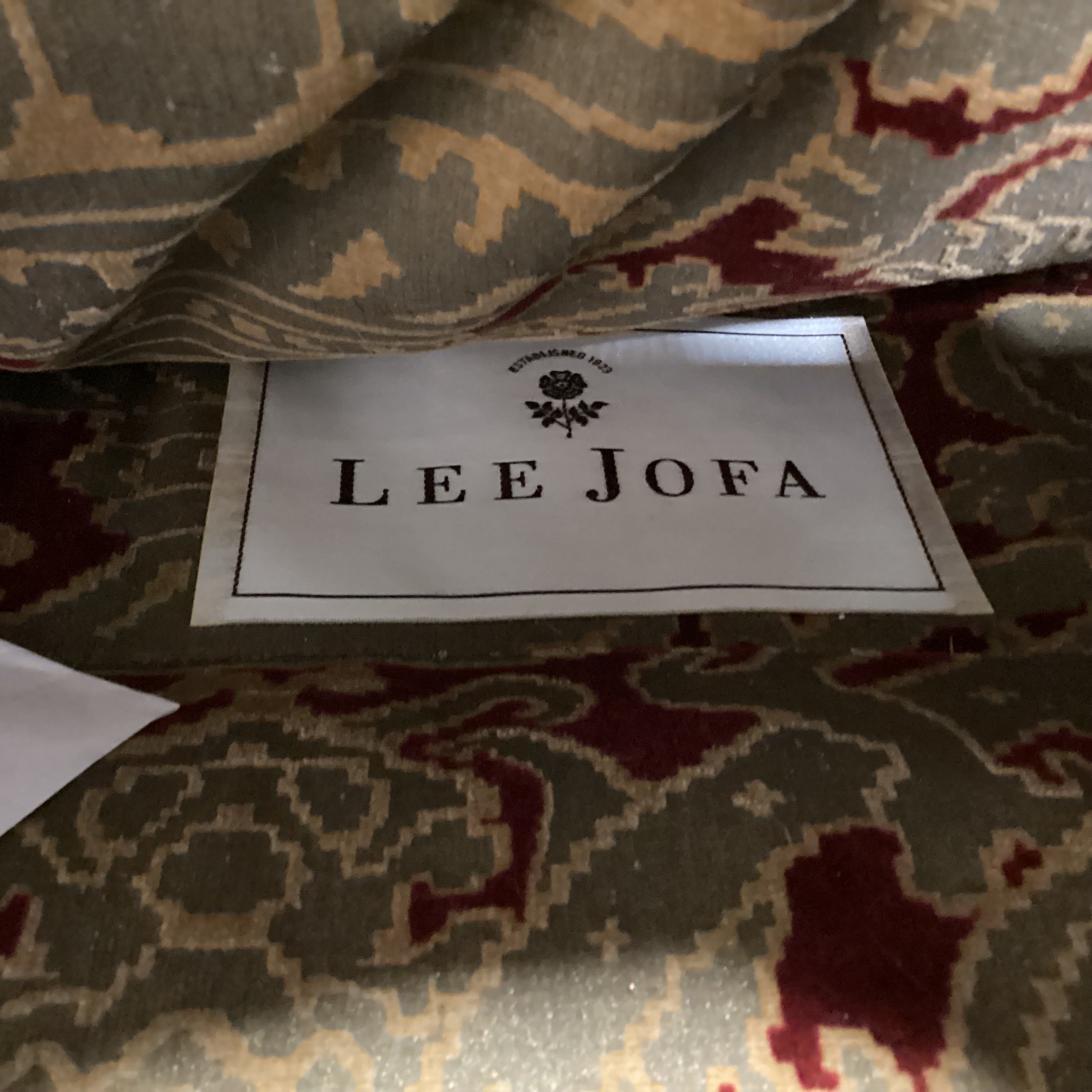 Lee Jofa Gold & Red Raised Design Nailhead Roll Arm & Wing with Carved Wood Base Chair 44"x 36"x 56"