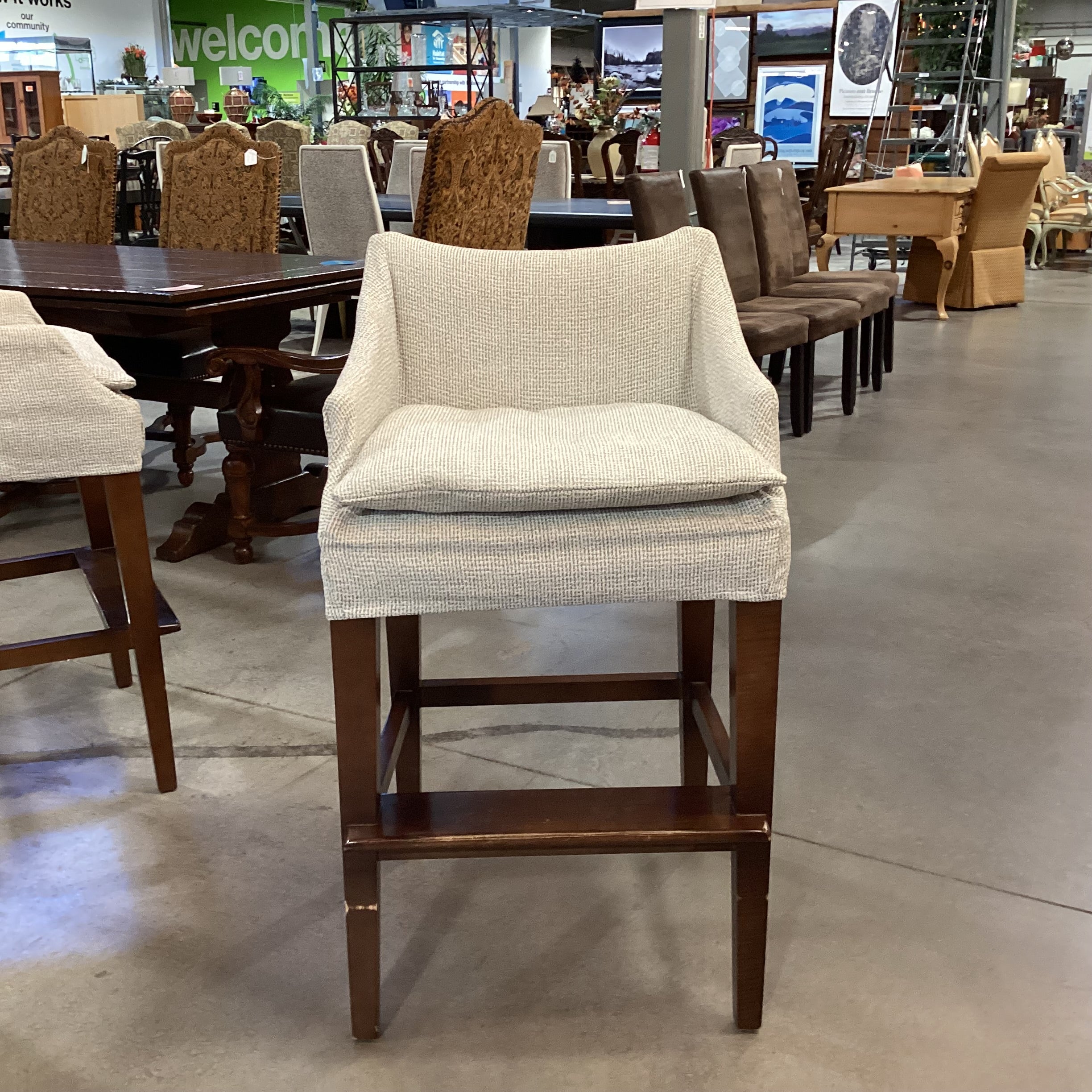 Lee Industries Ivory Grey Woven Slipcovered & Wood Barstool 31"