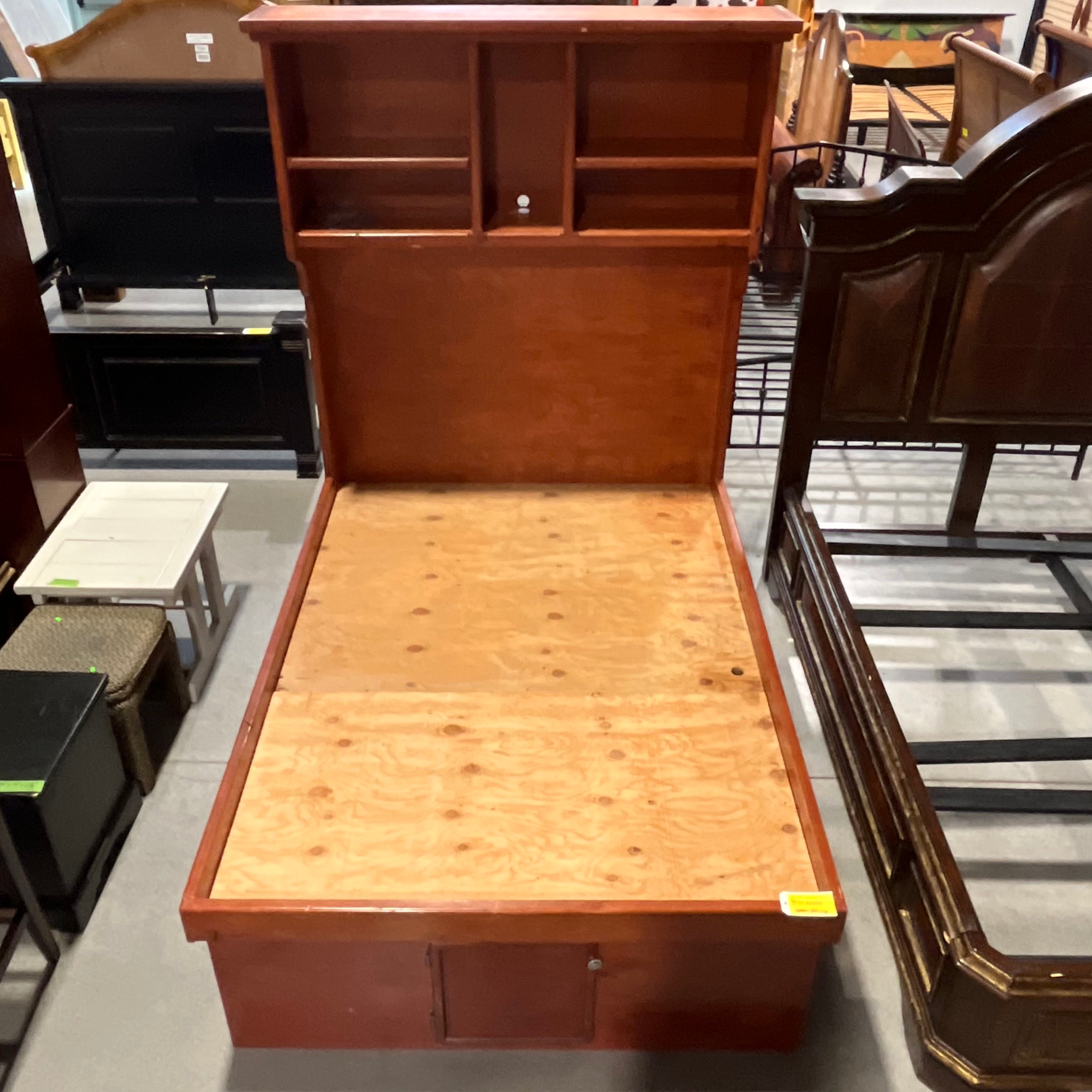 Full Solid Cherry Stained Wood bed set with High Shelves, 8 Drawers, and 5 Cabinets 58.5"x 81"x 85"