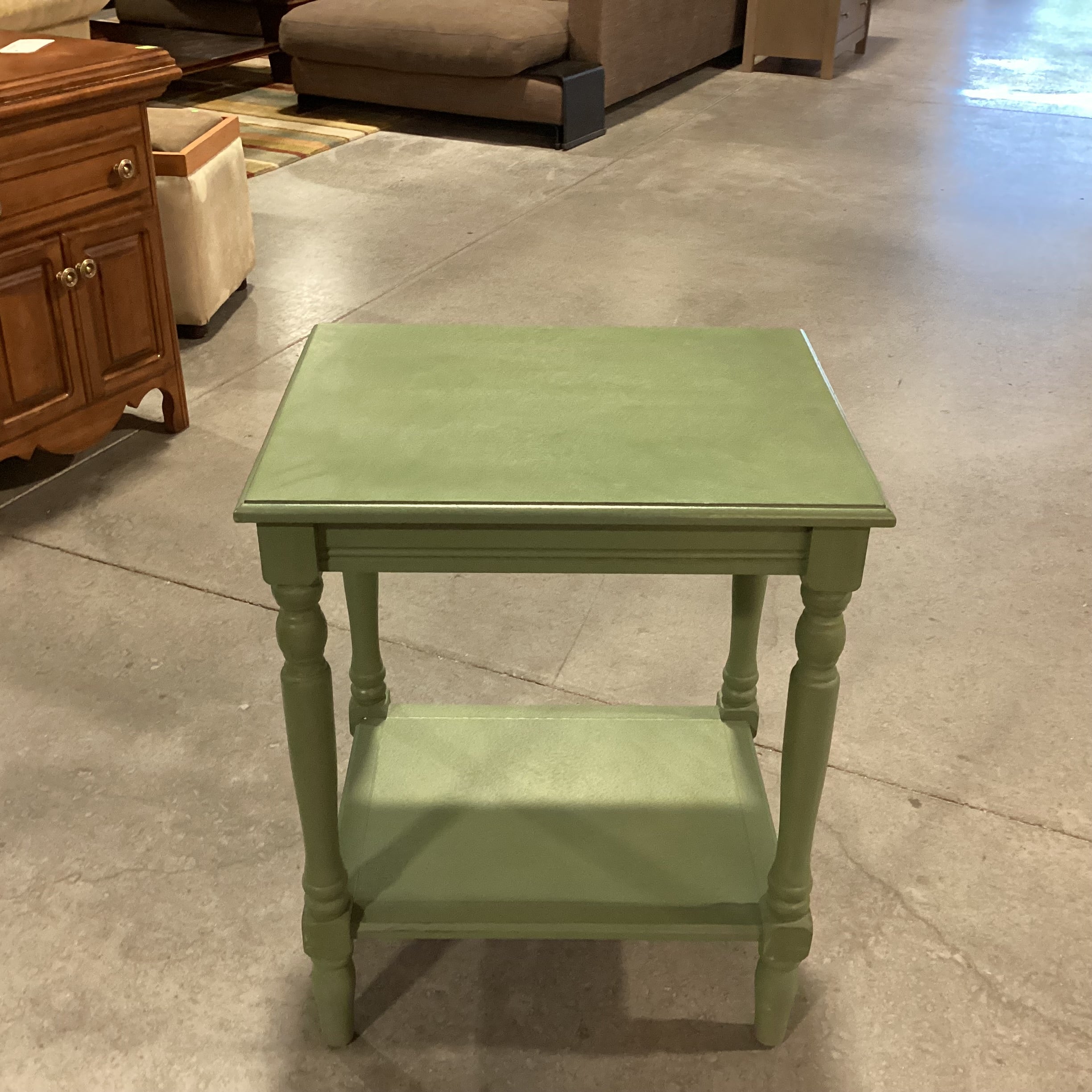 Green Painted Carved Wood 2 Tiered End Table  20"x 16"x 24.5"