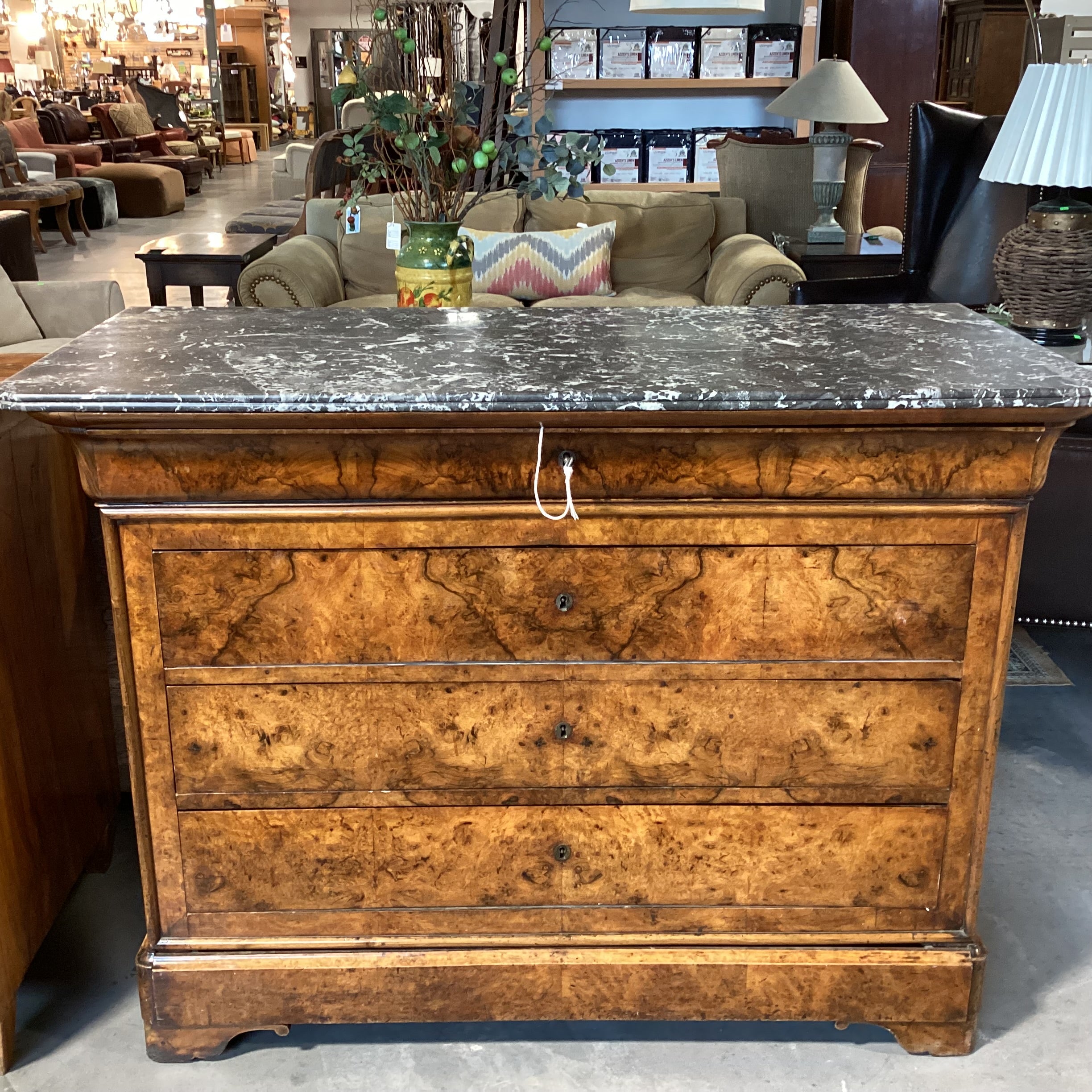 Antique Mediterranean Olive Burl 4 Drawer with Marble Top Desk 52"x 24.5"x 39"