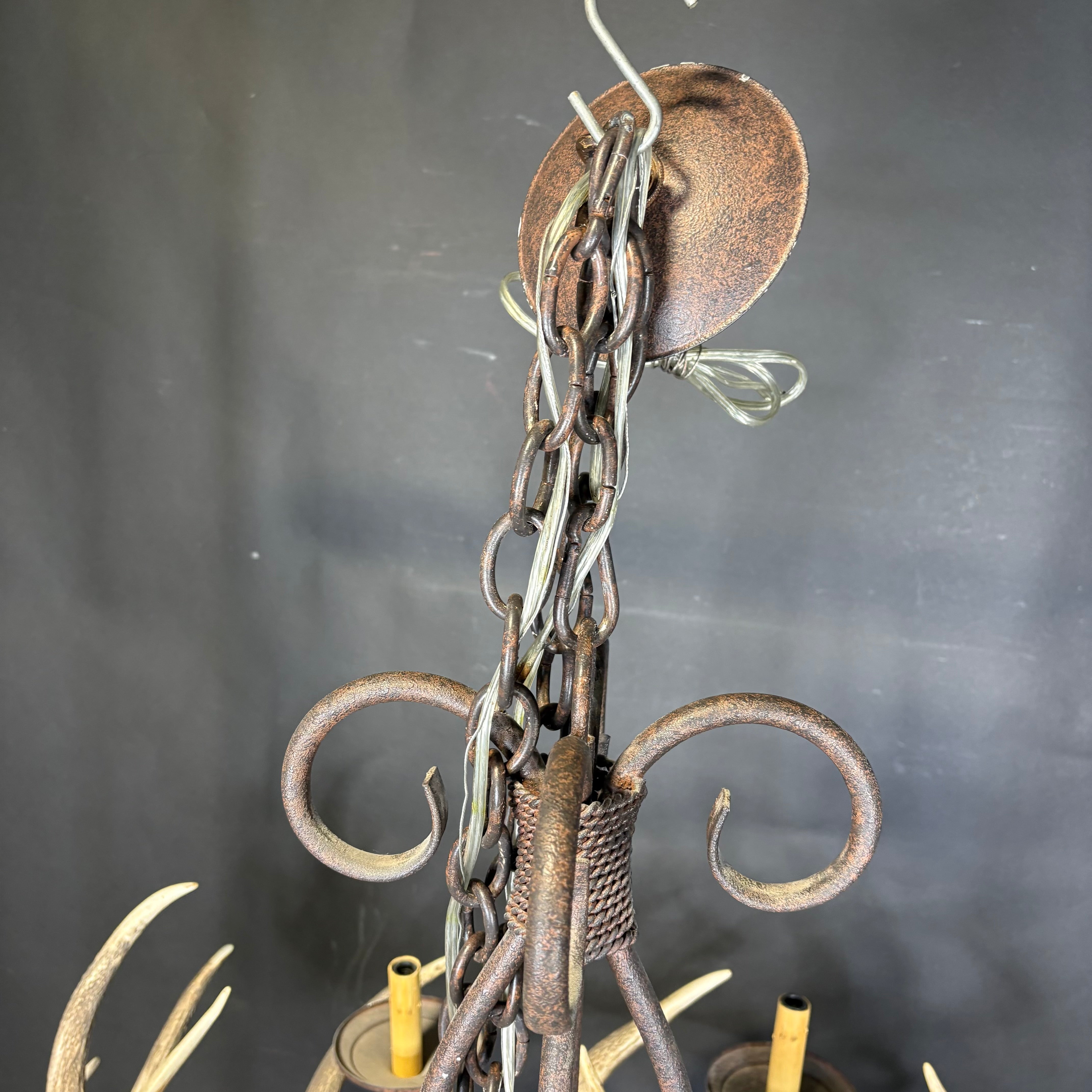 Rustic 8-Light Textured Bronze Metal with Antlers Chandelier 45” Diameter x 52”