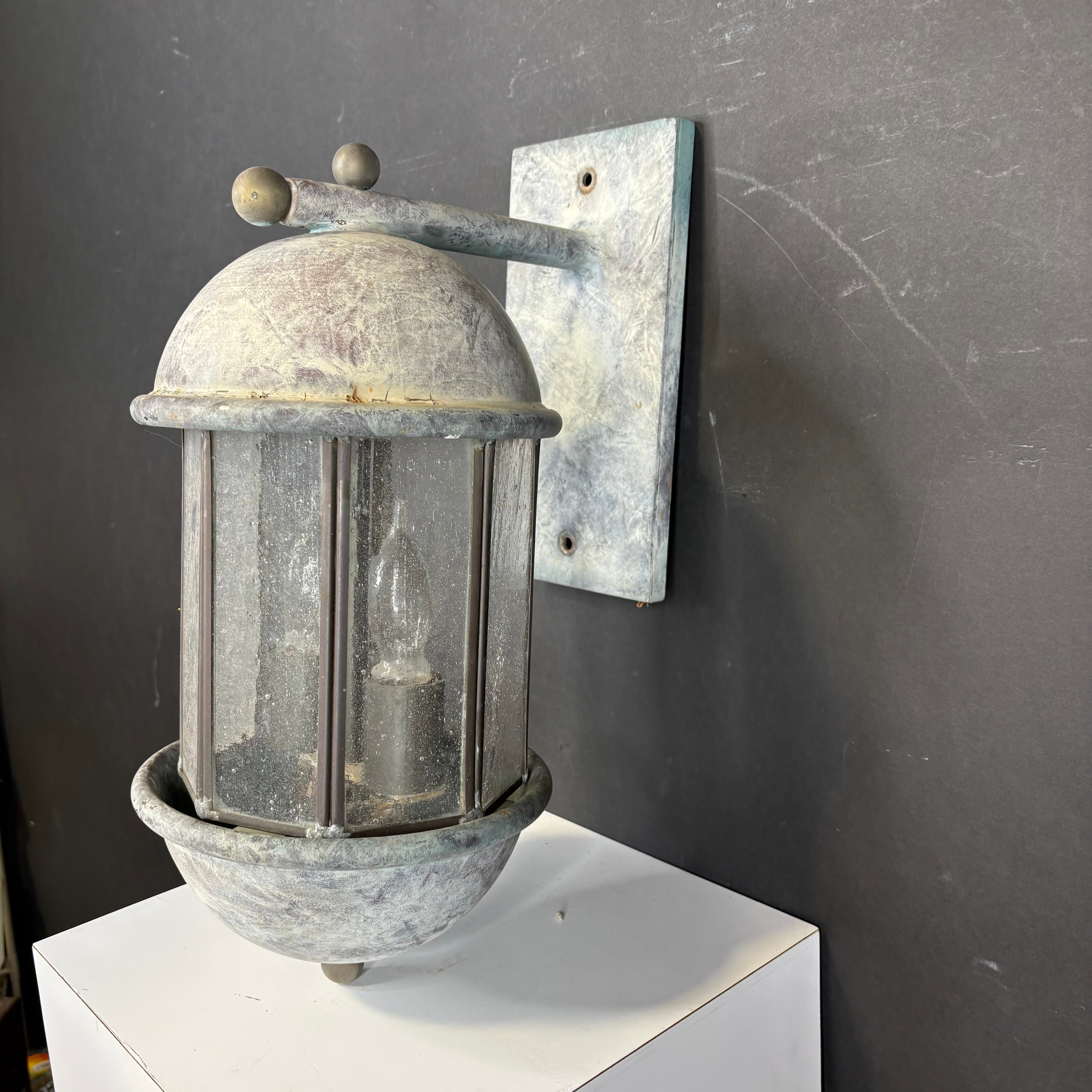 Rustic 2-Light Weathered Patina Iron and Glass Lantern Outdoor Wall Sconce 9”x 18”x 10”