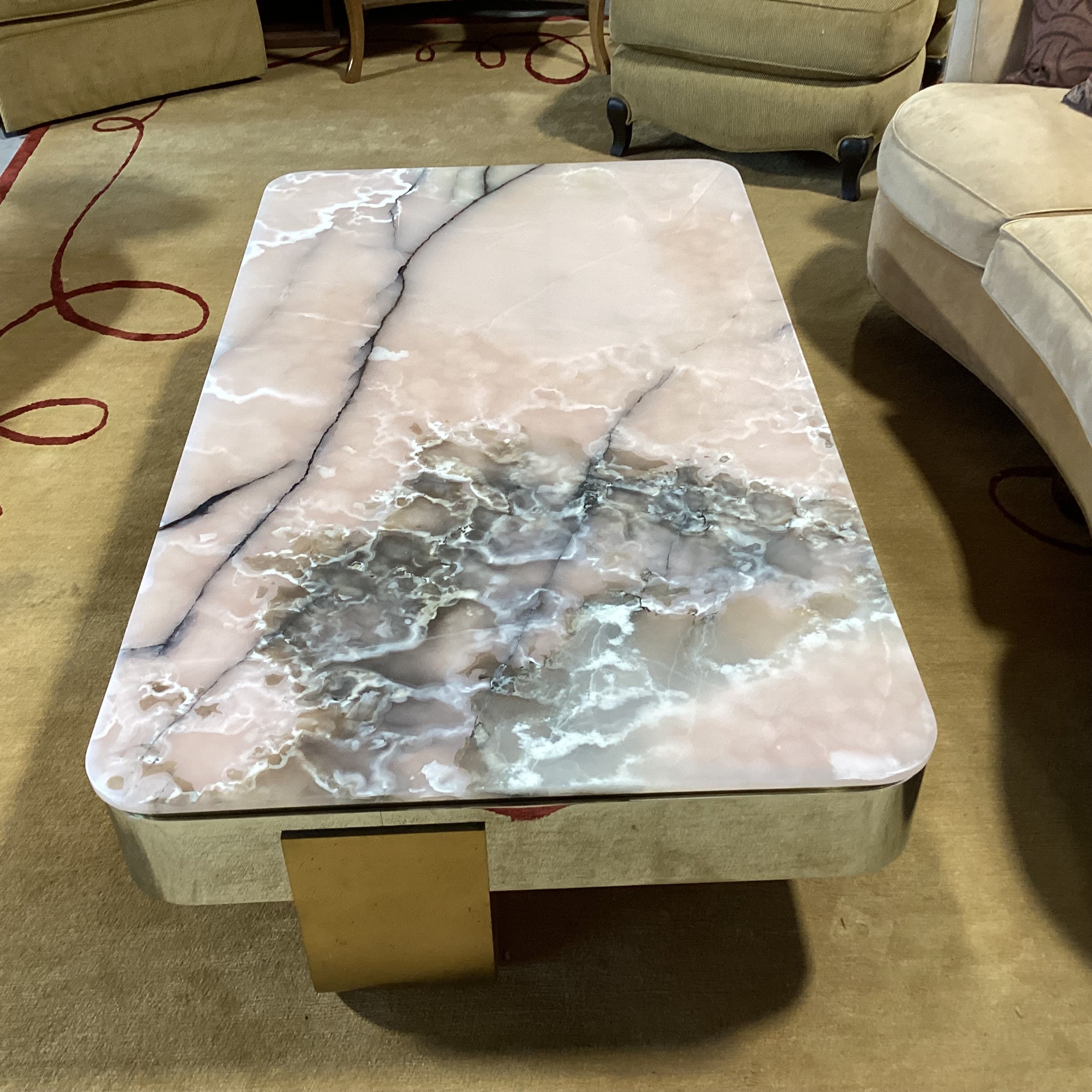 Lorin Marsh Ltd Kimono Pink Onyx Nickel Plate & Brass Custom Coffee Table 66"x 38"x 17"